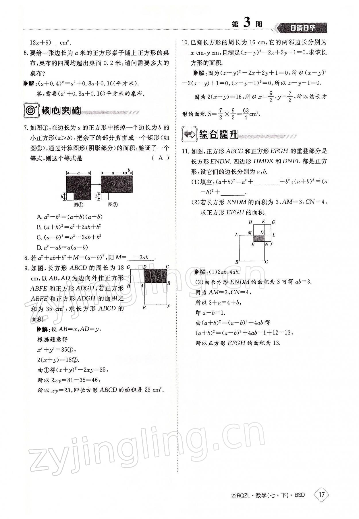 2022年日清周練七年級數(shù)學下冊北師大版 參考答案第17頁