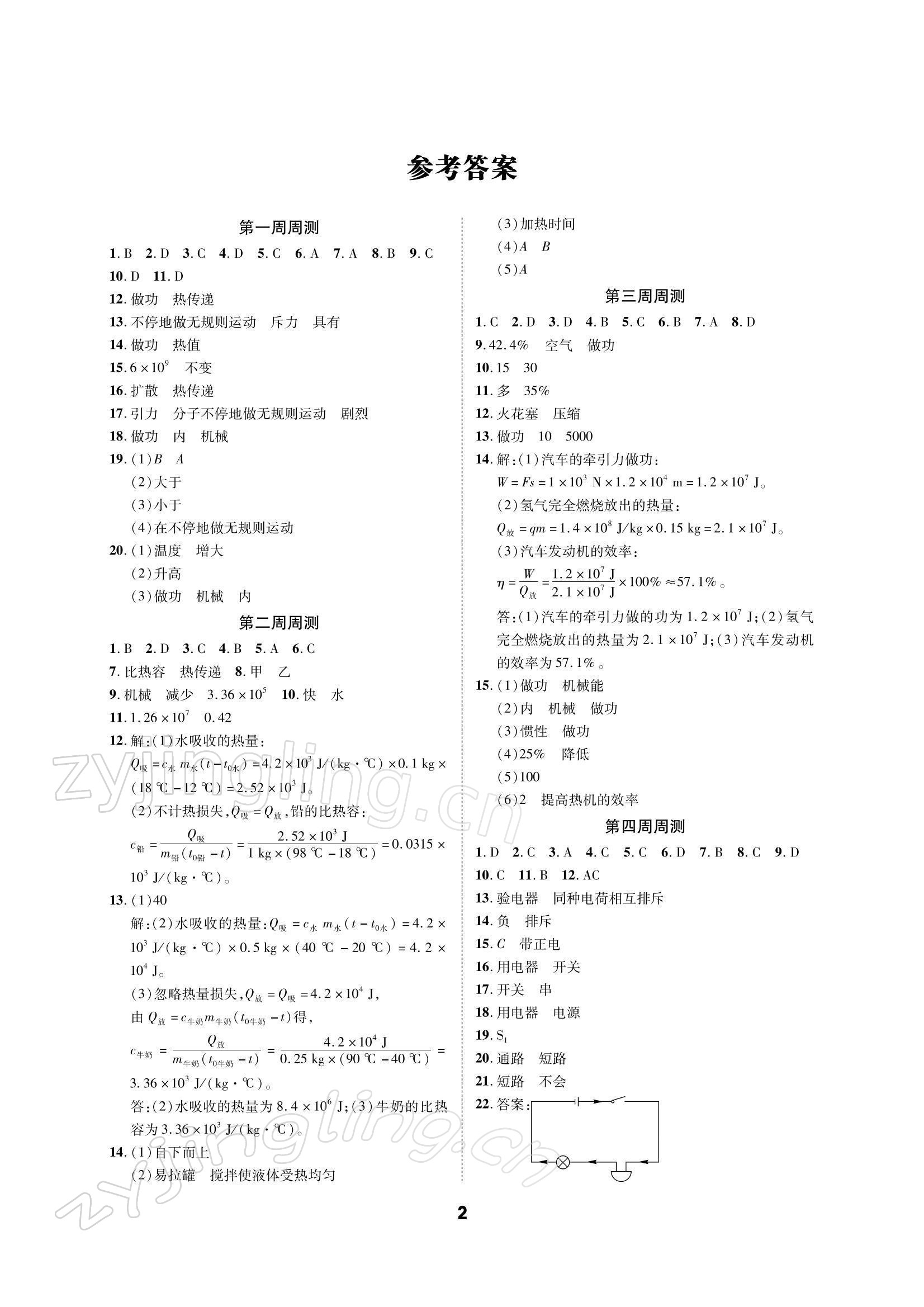 2021年优化夺标单元测试卷九年级物理上册教科版 参考答案第1页