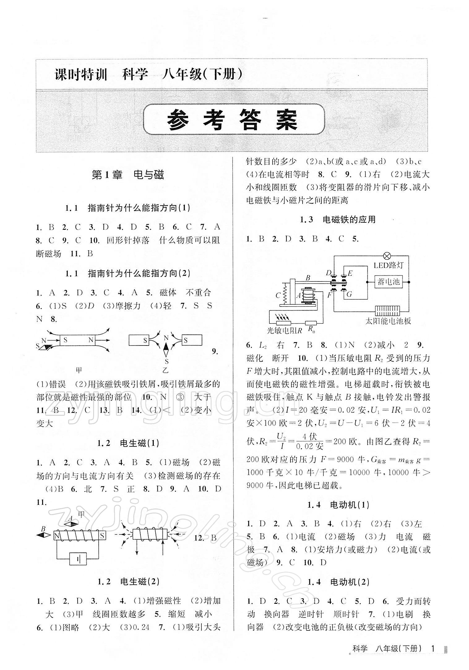 2022年浙江新課程三維目標(biāo)測(cè)評(píng)課時(shí)特訓(xùn)八年級(jí)科學(xué)下冊(cè)浙教版 第1頁