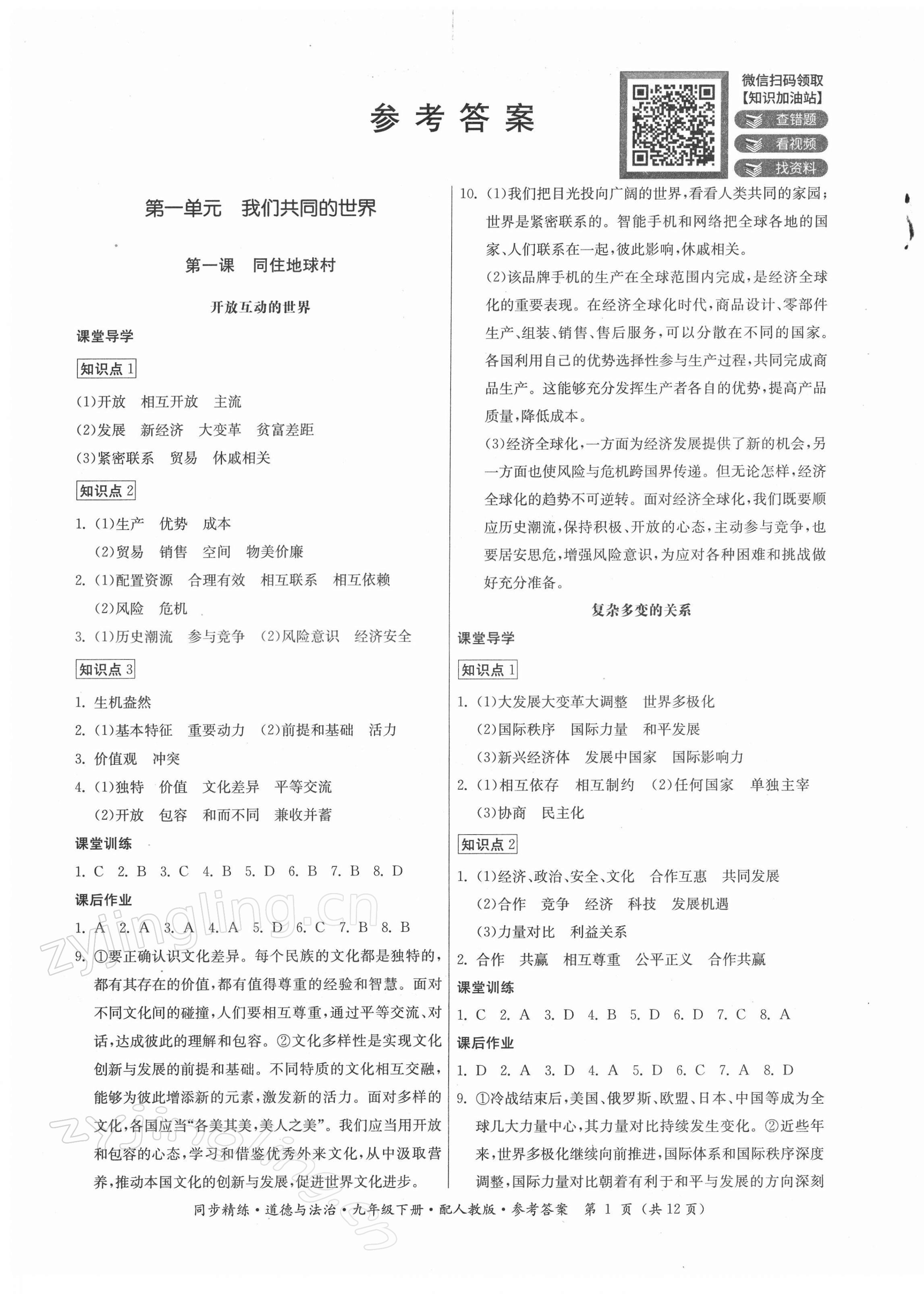 2022年同步精練廣東人民出版社九年級(jí)道德與法治下冊(cè)人教版 第1頁(yè)