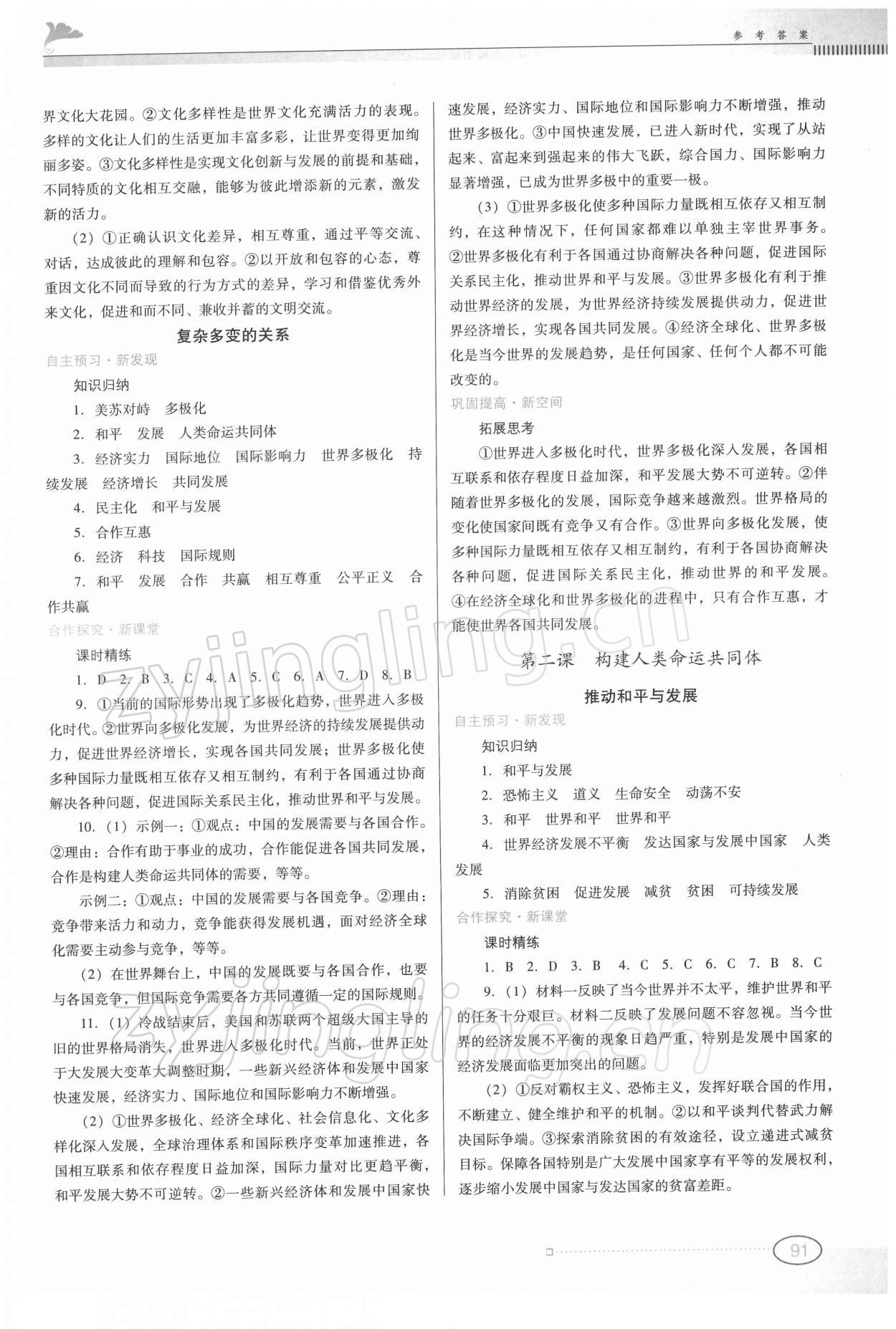 2022年南方新課堂金牌學案九年級道德與法治下冊人教版 參考答案第2頁