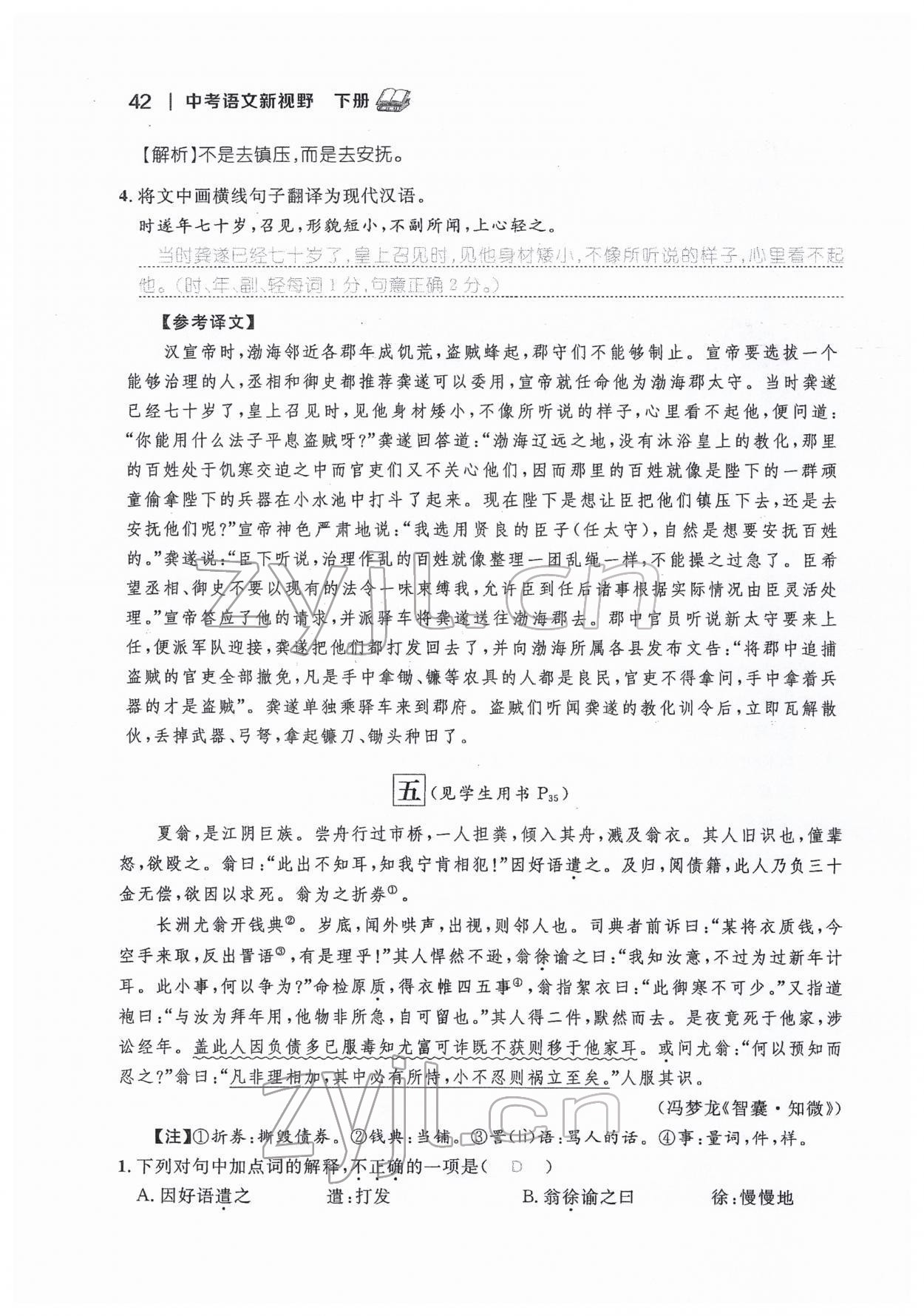 2022年中考新視野九年級(jí)語(yǔ)文下冊(cè)中考用書(shū)人教版 參考答案第42頁(yè)