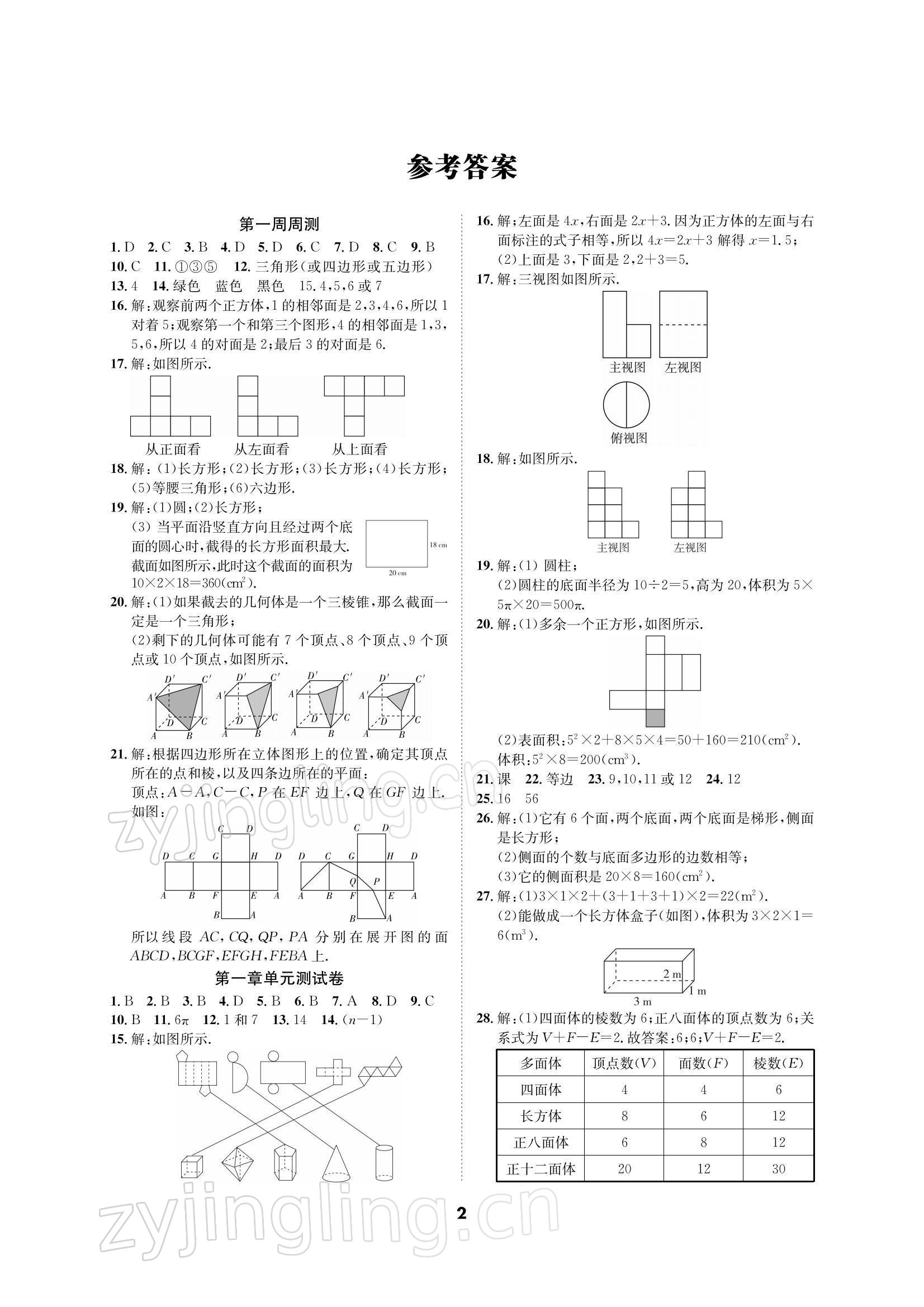 2021年优化夺标单元测试卷七年级数学上册北师大版 参考答案第1页