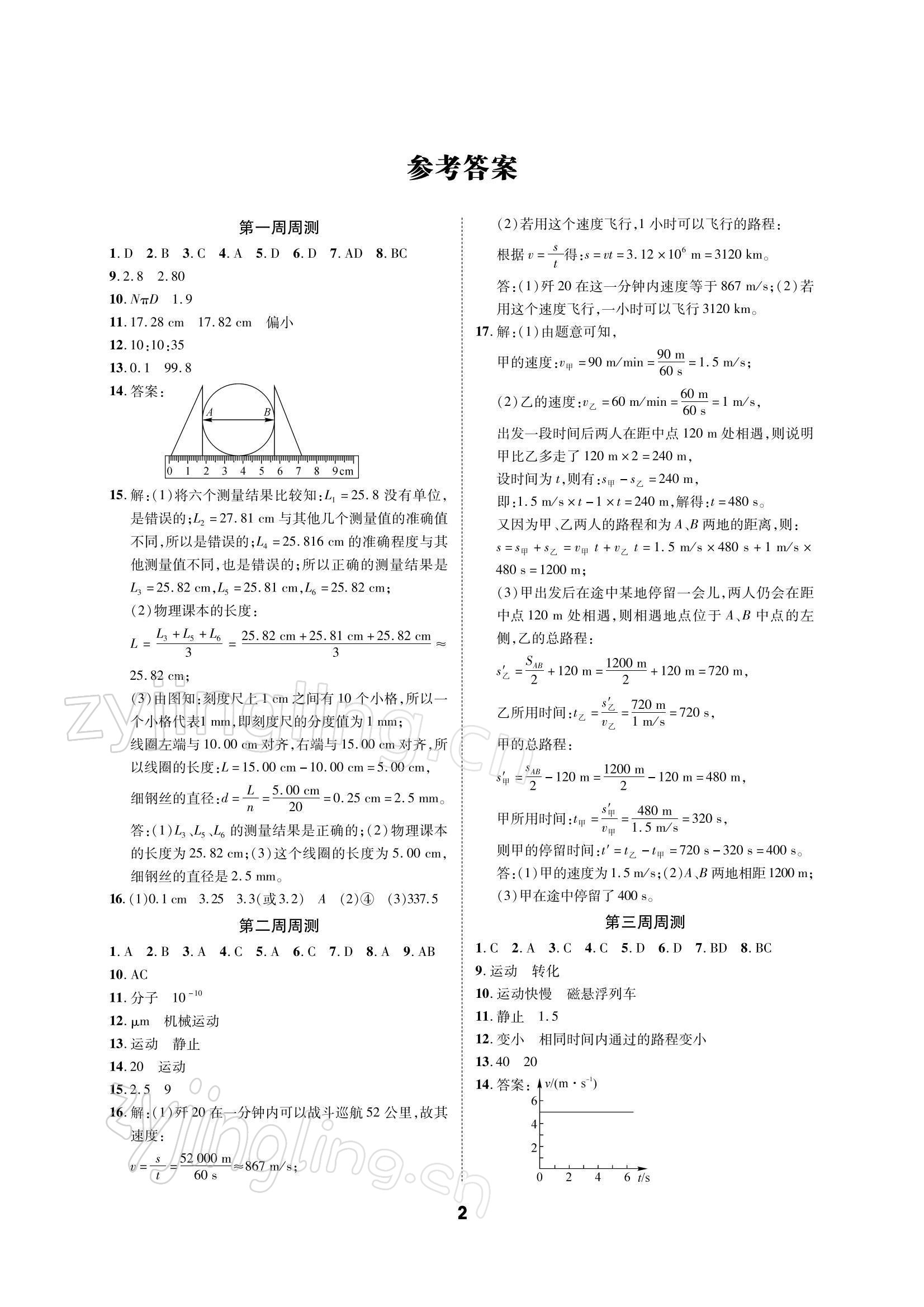 2021年优化夺标单元测试卷八年级物理上册教科版 参考答案第1页