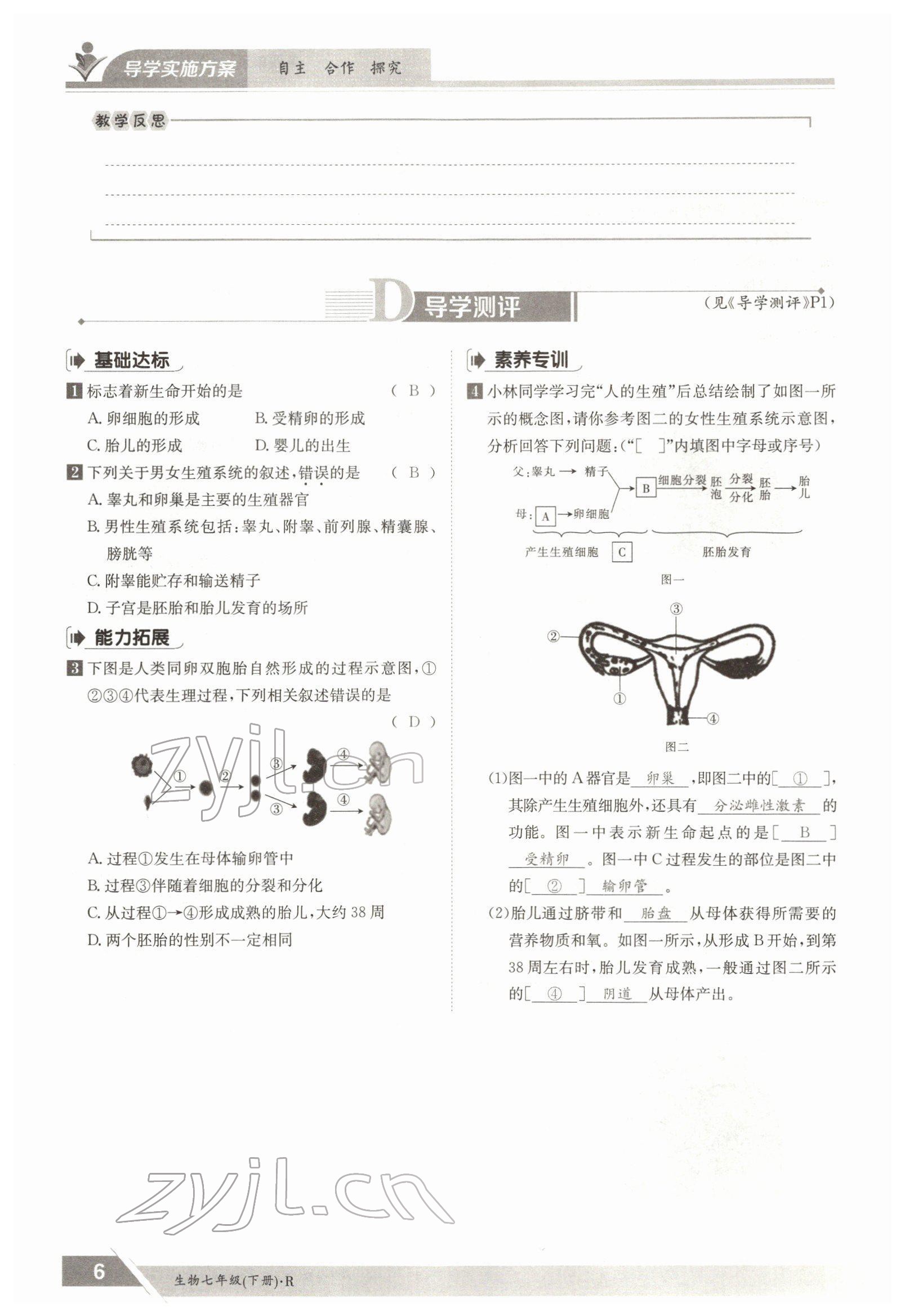 2022年金太阳导学案七年级生物下册人教版 参考答案第6页