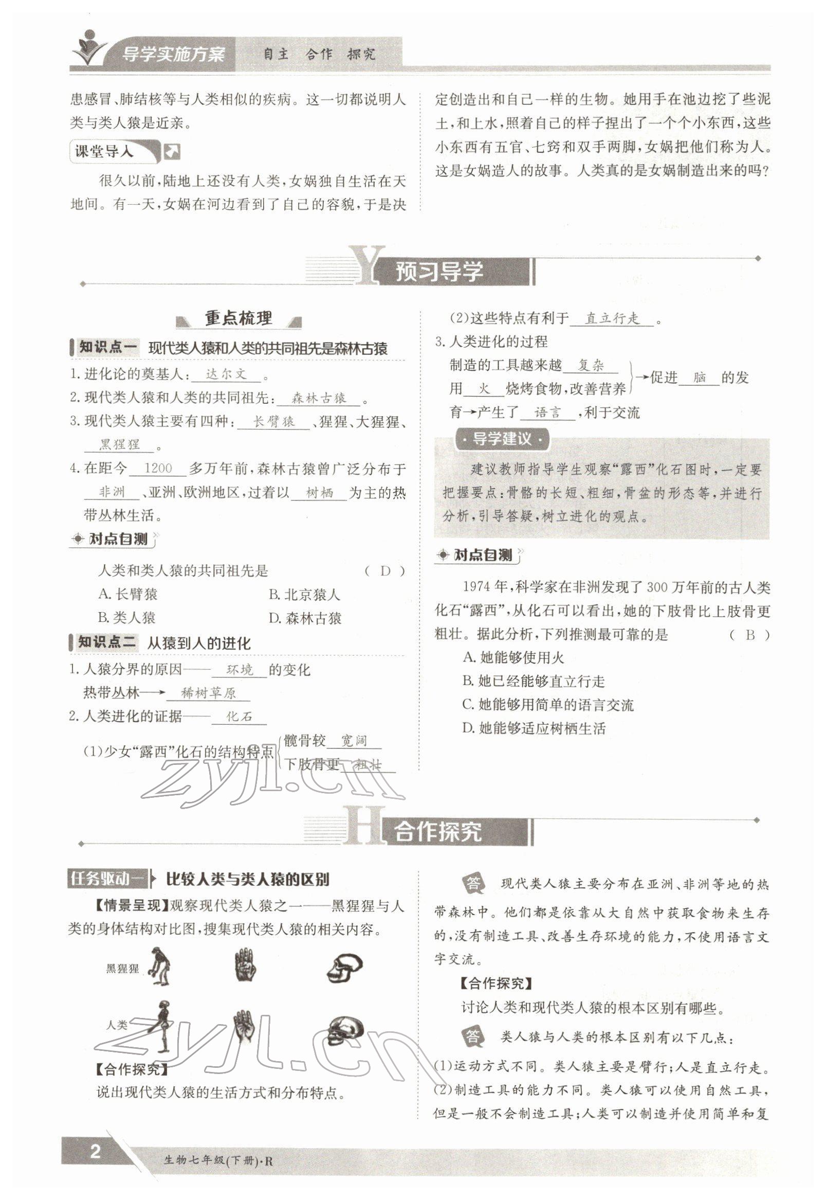 2022年金太陽導(dǎo)學(xué)案七年級生物下冊人教版 參考答案第2頁