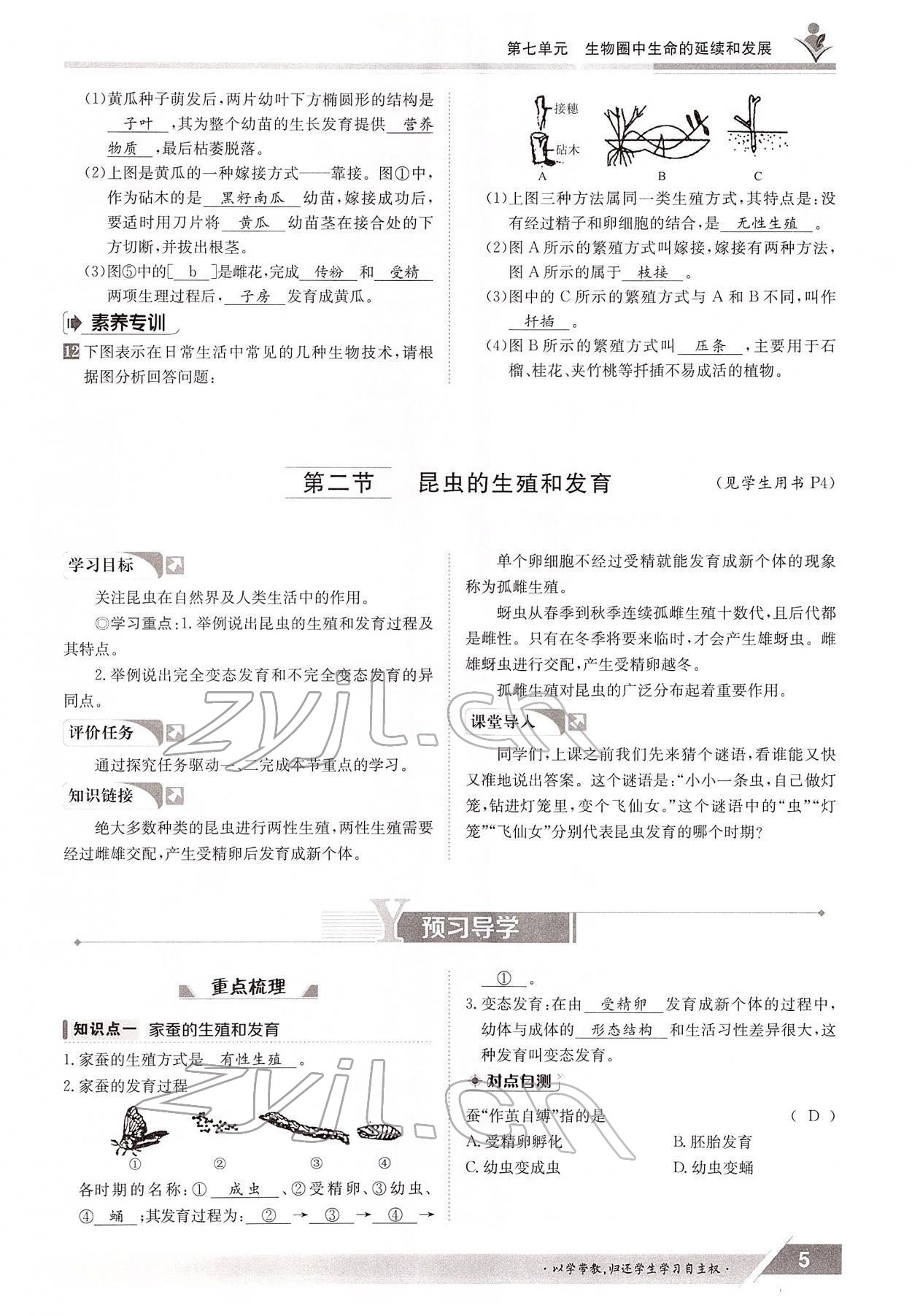 2022年金太陽導(dǎo)學(xué)案八年級生物下冊人教版 參考答案第5頁