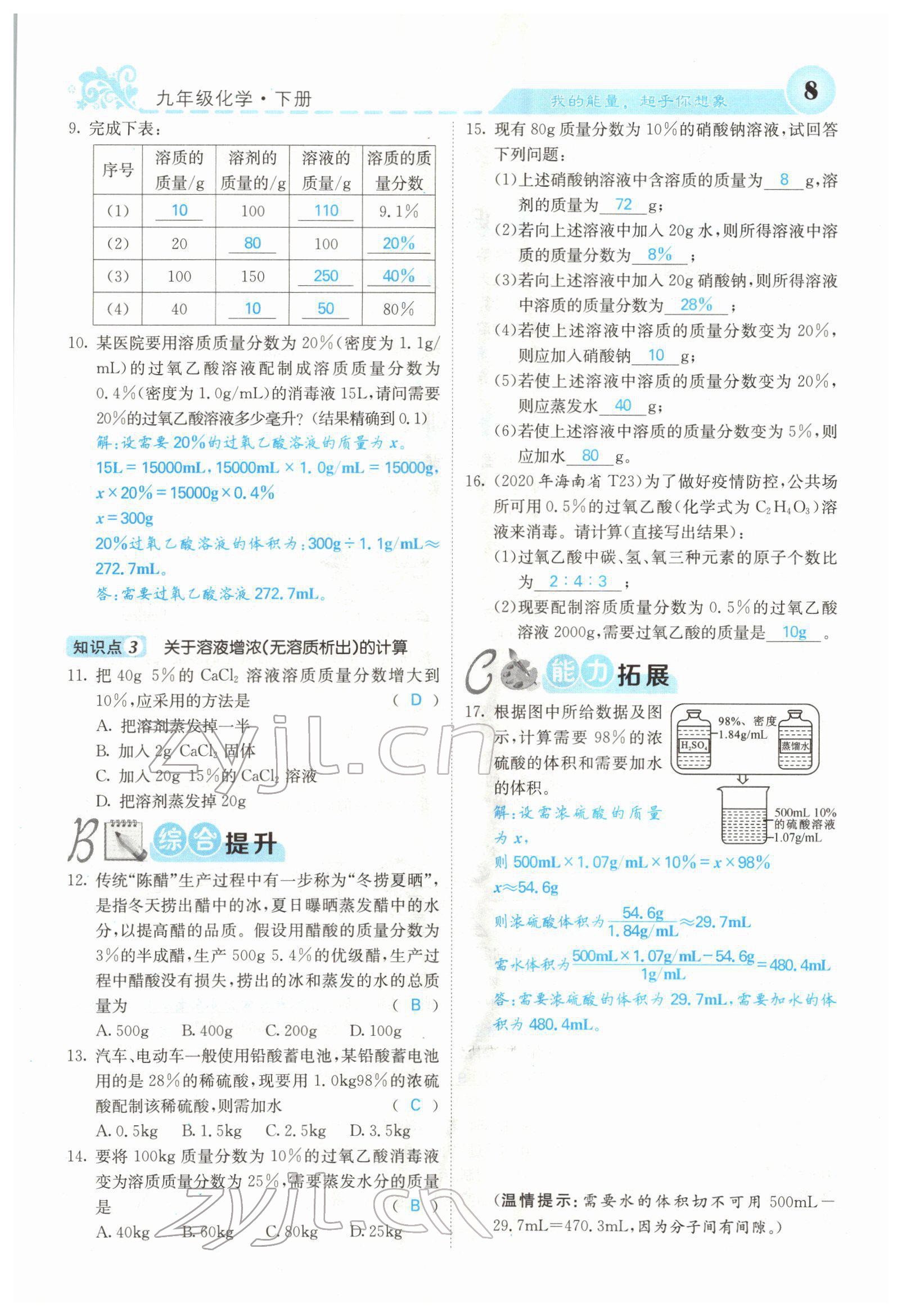 2022年课堂点睛九年级化学下册沪教版 参考答案第6页