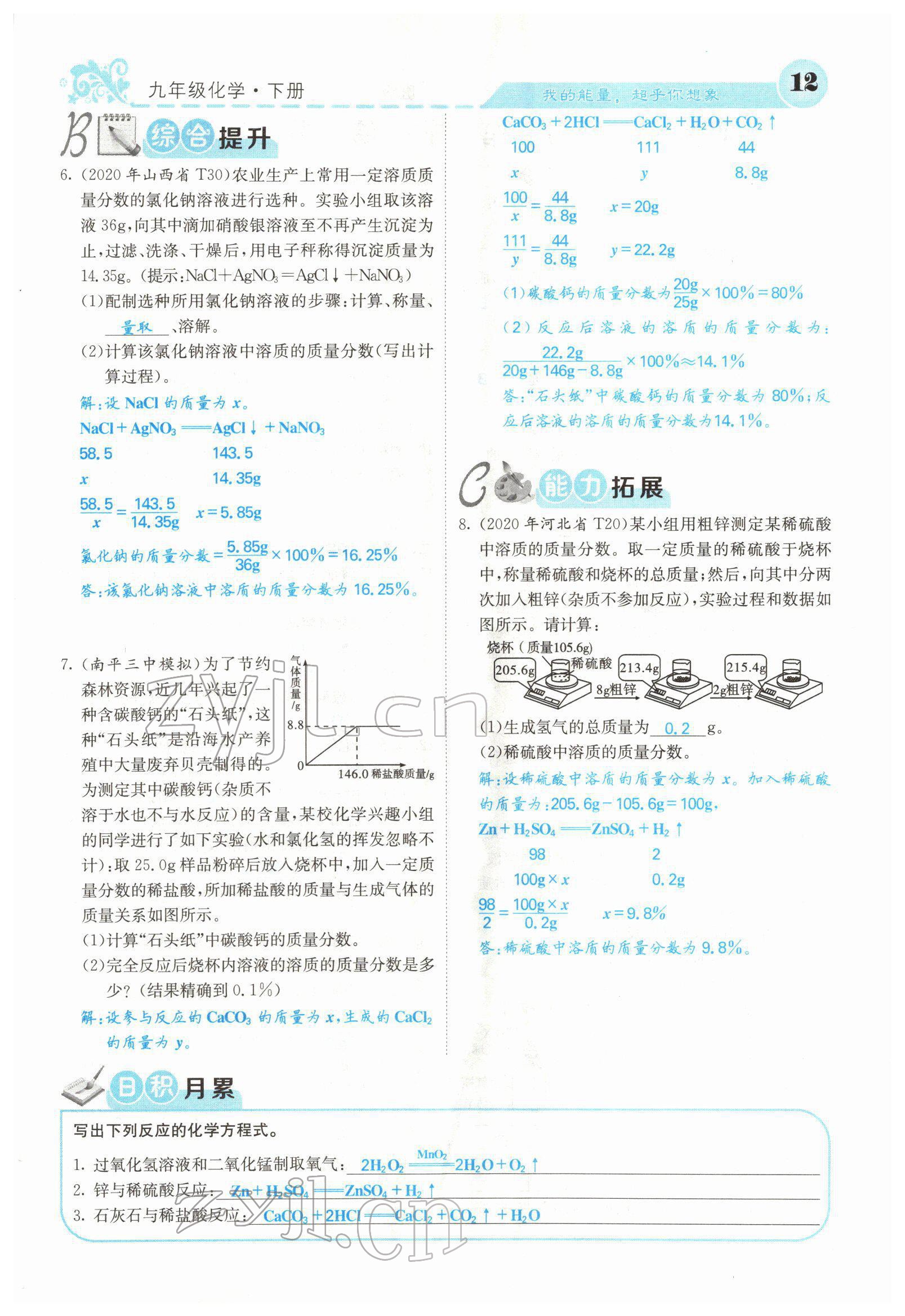 2022年課堂點睛九年級化學下冊滬教版 參考答案第10頁