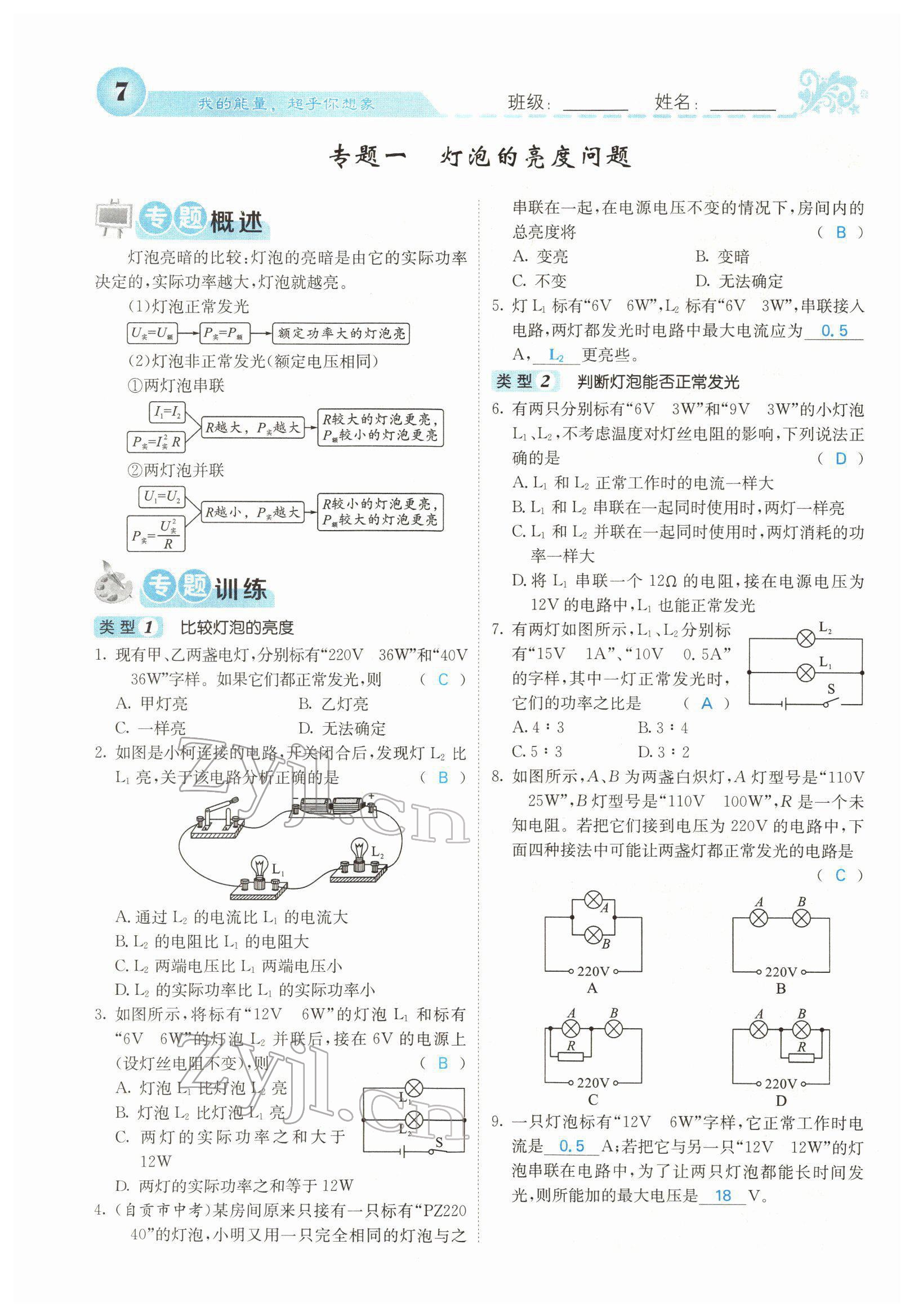 2022年課堂點(diǎn)睛九年級物理下冊人教版山西專版 參考答案第10頁