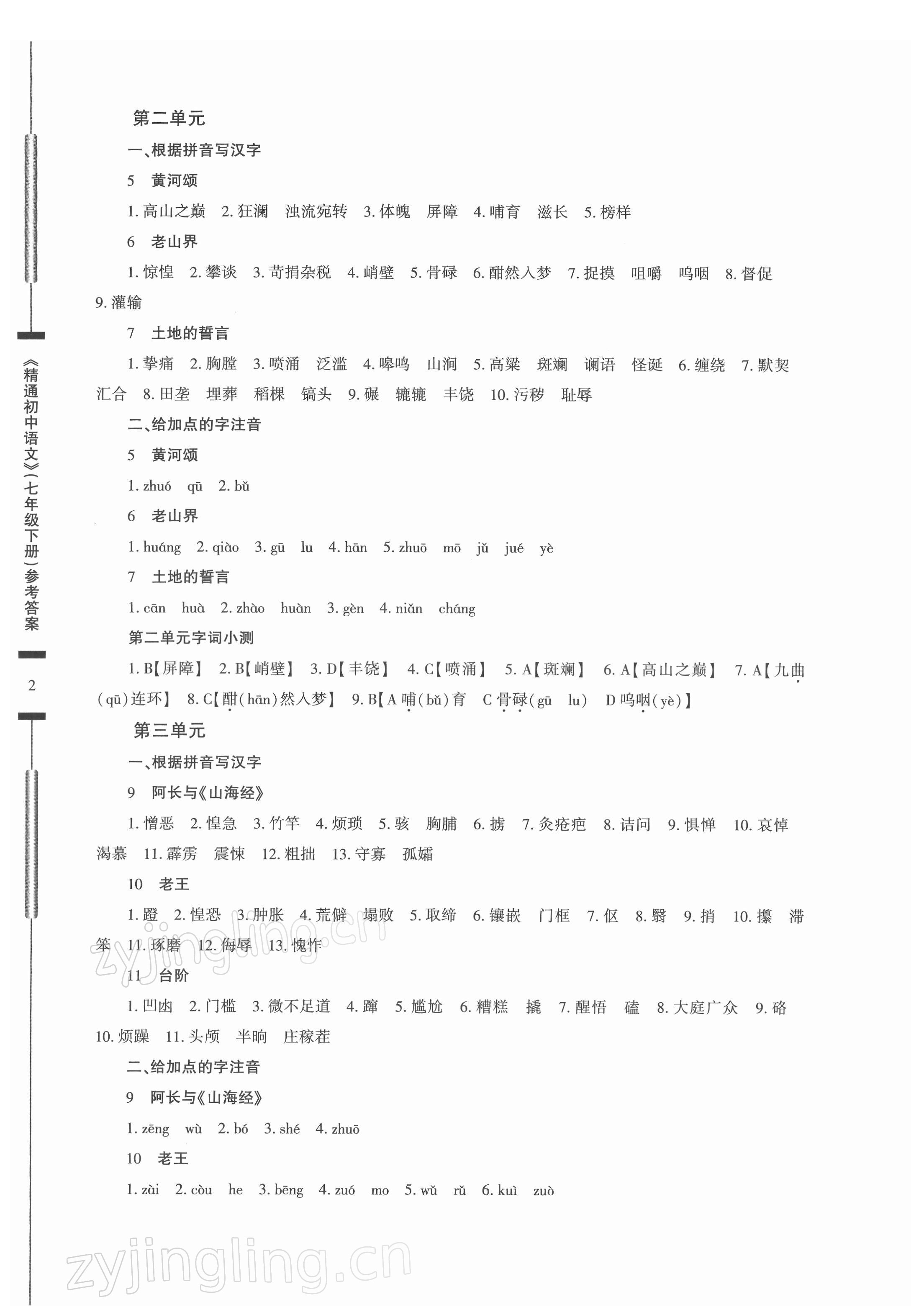 2022年精通初中語文七年級(jí)下冊(cè) 參考答案第2頁(yè)