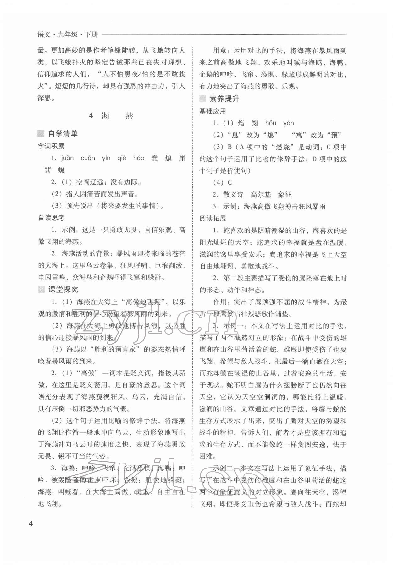 2022年新課程問題解決導(dǎo)學(xué)方案九年級語文下冊人教版 參考答案第4頁