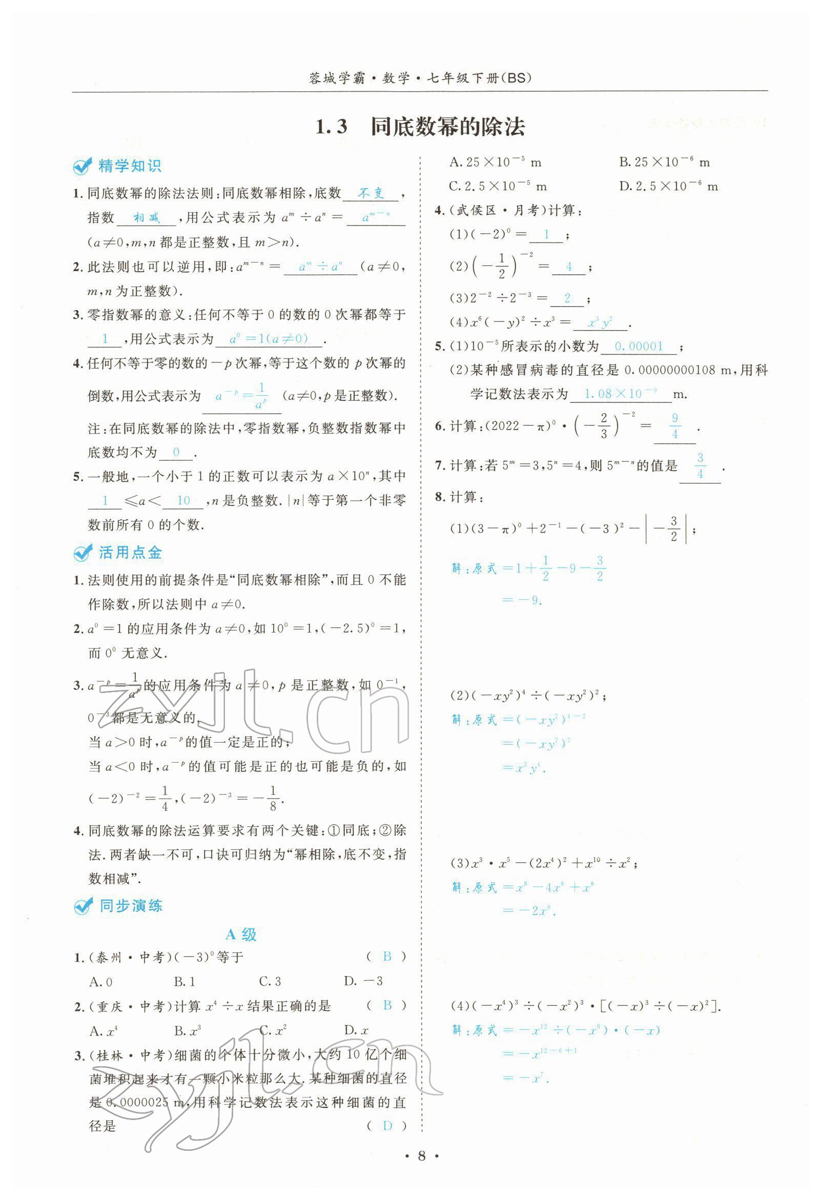 2022年蓉城学霸七年级数学下册北师大版 参考答案第8页