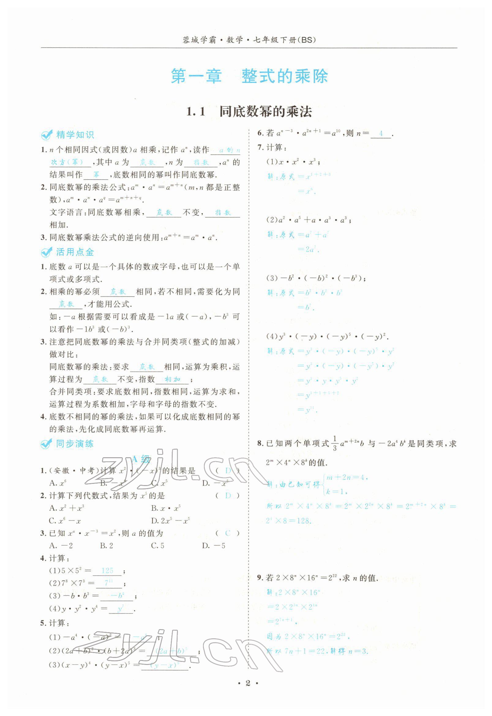 2022年蓉城学霸七年级数学下册北师大版 参考答案第2页