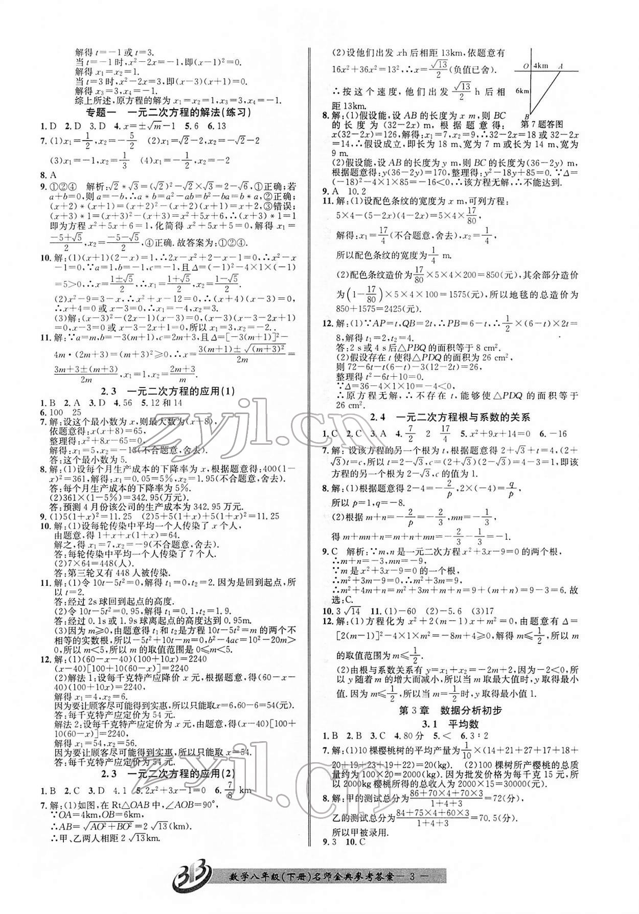 2022年名师金典BFB初中课时优化八年级数学下册浙教版 参考答案第3页