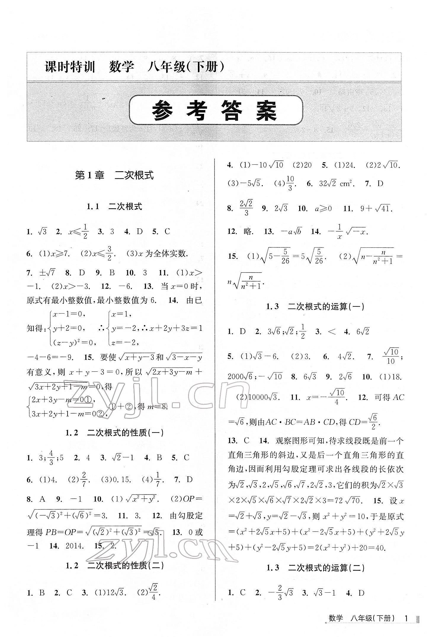 2022年浙江新課程三維目標(biāo)測(cè)評(píng)課時(shí)特訓(xùn)八年級(jí)數(shù)學(xué)下冊(cè)浙教版 第1頁(yè)