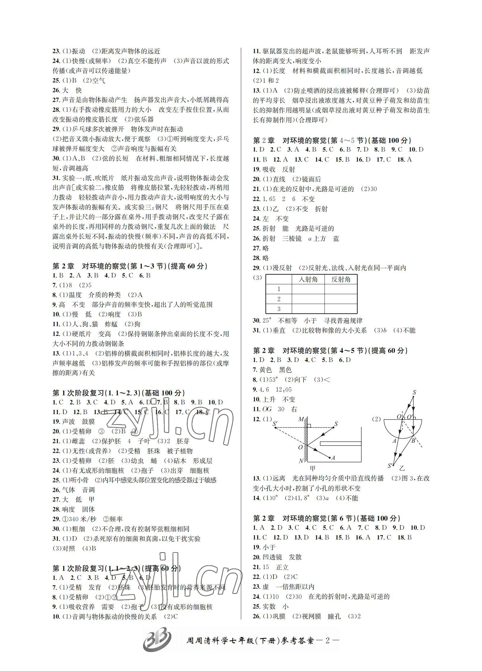 2022年周周清檢測七年級科學(xué)下冊浙教版 參考答案第2頁