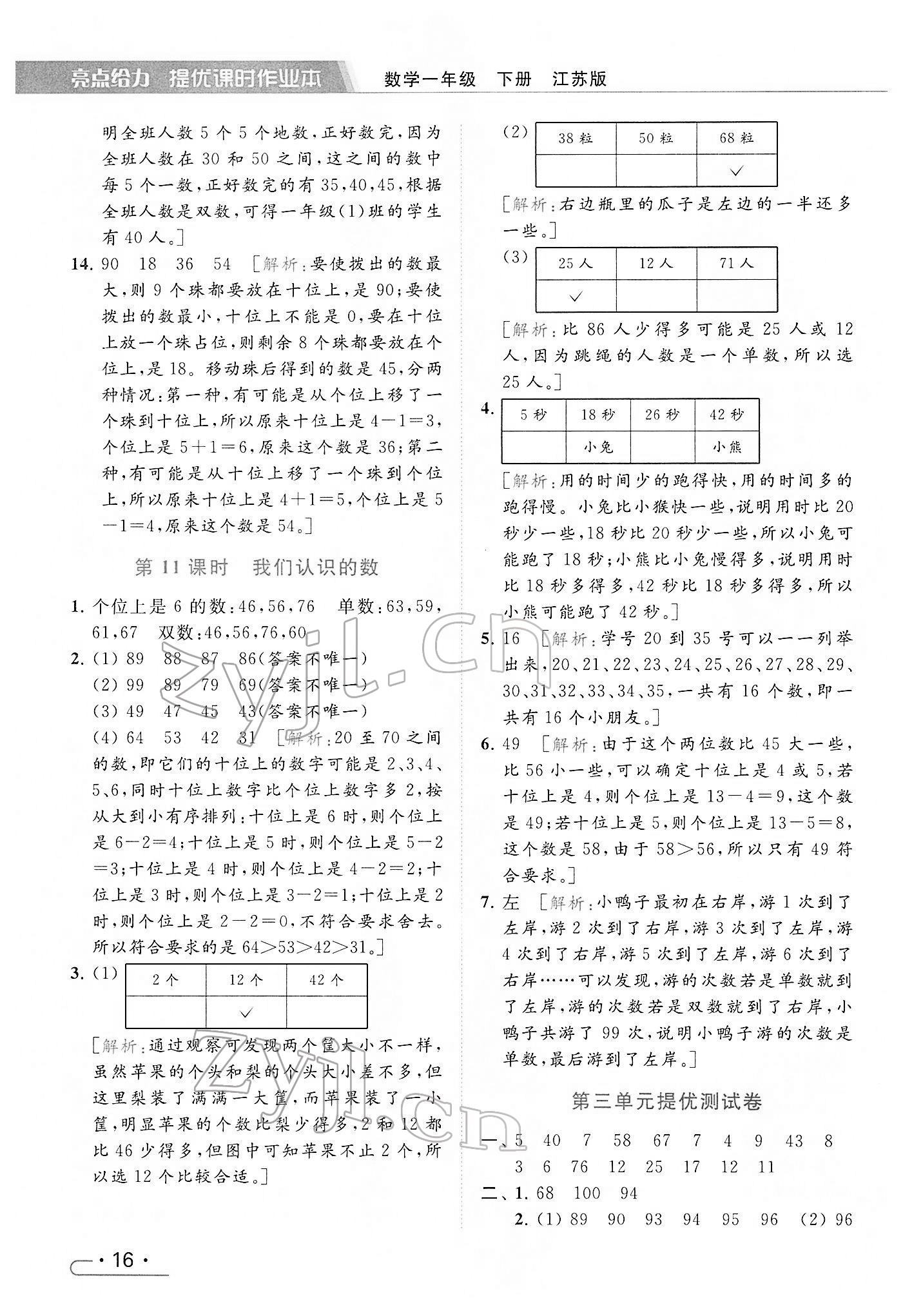 2022年亮点给力提优课时作业本一年级数学下册江苏版 参考答案第16页