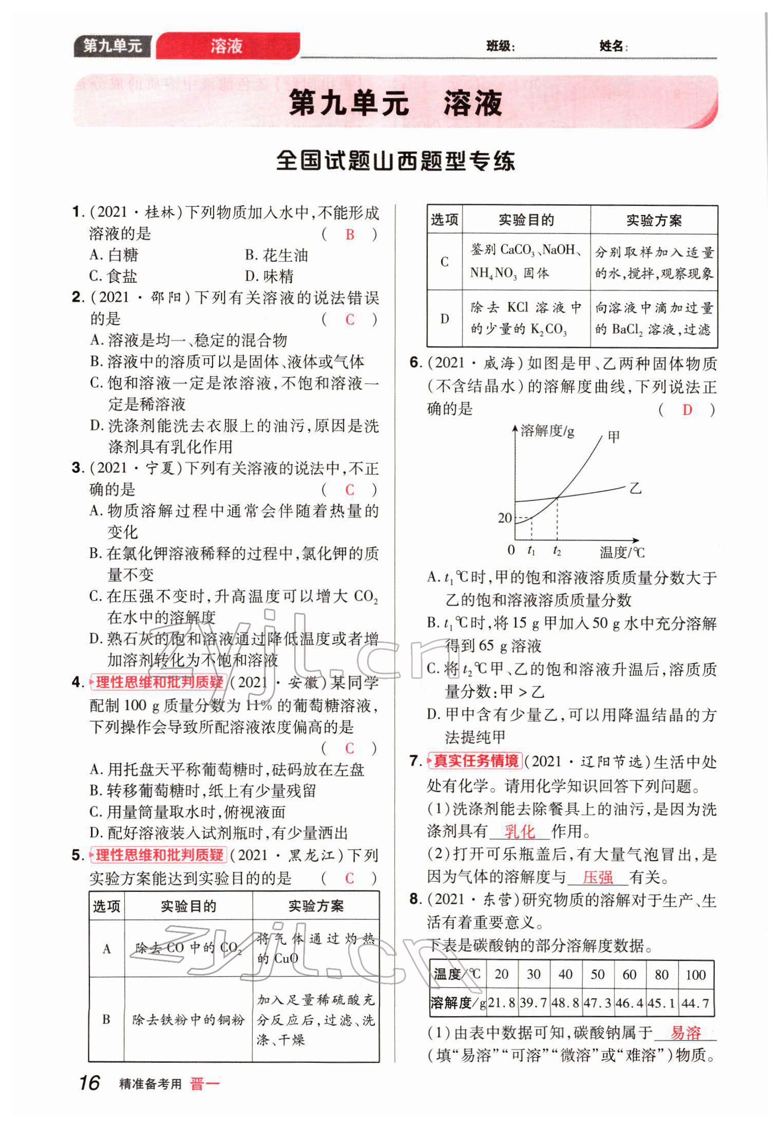 2022年晉一中考精準(zhǔn)提分化學(xué)山西專版 參考答案第16頁