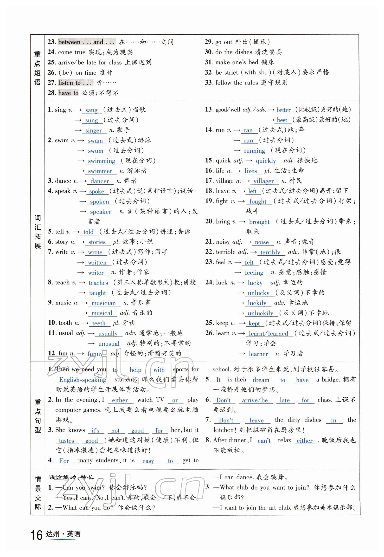 2022年國華考試中考總動員英語達州專版 參考答案第16頁