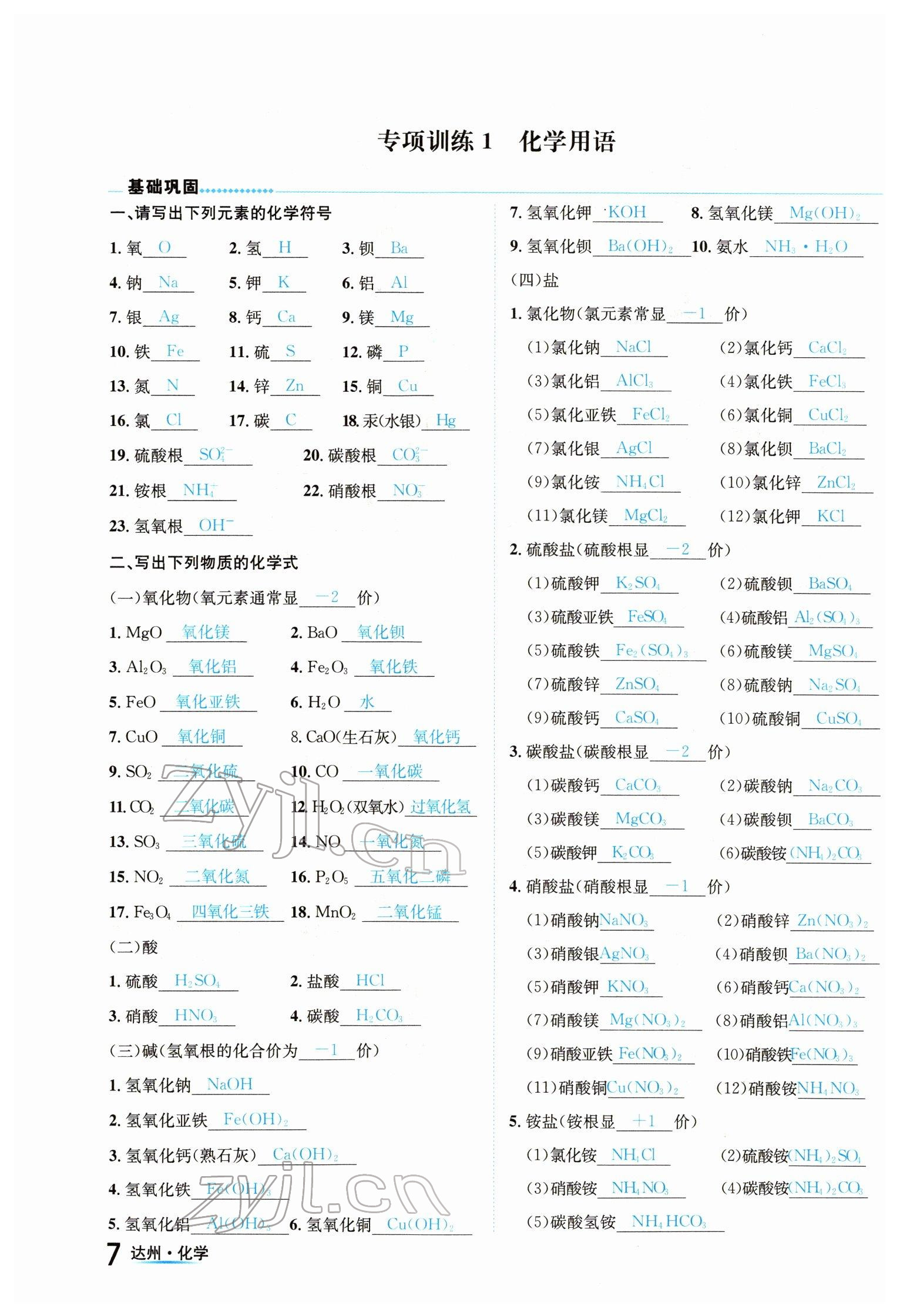 2022年国华考试中考总动员化学达州专版 参考答案第7页