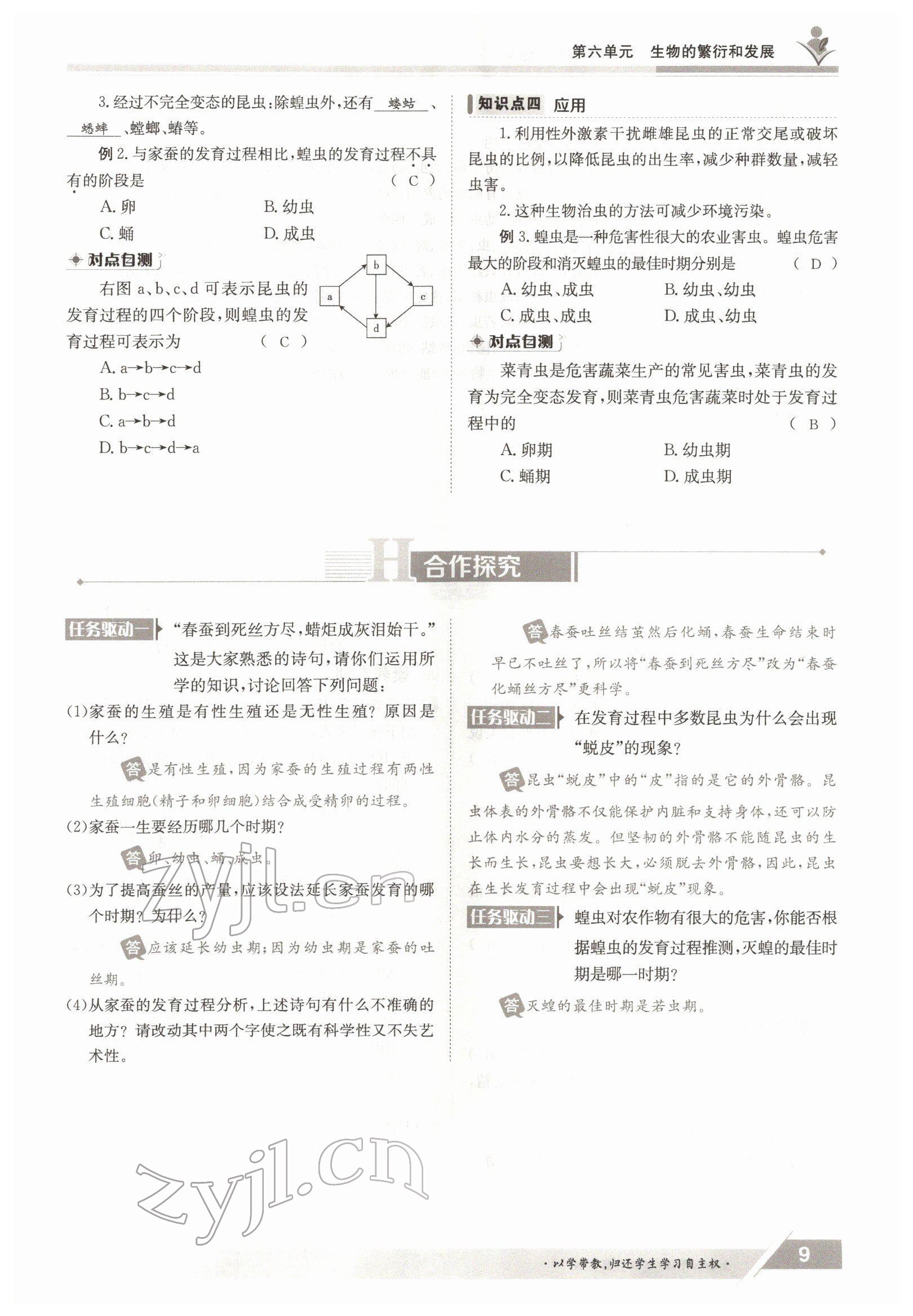 2022年金太陽導學測評八年級生物下冊冀少版 參考答案第9頁