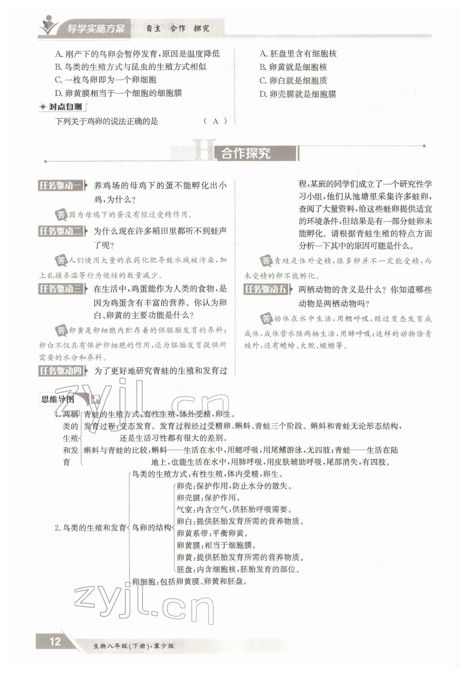 2022年金太陽導學測評八年級生物下冊冀少版 參考答案第12頁