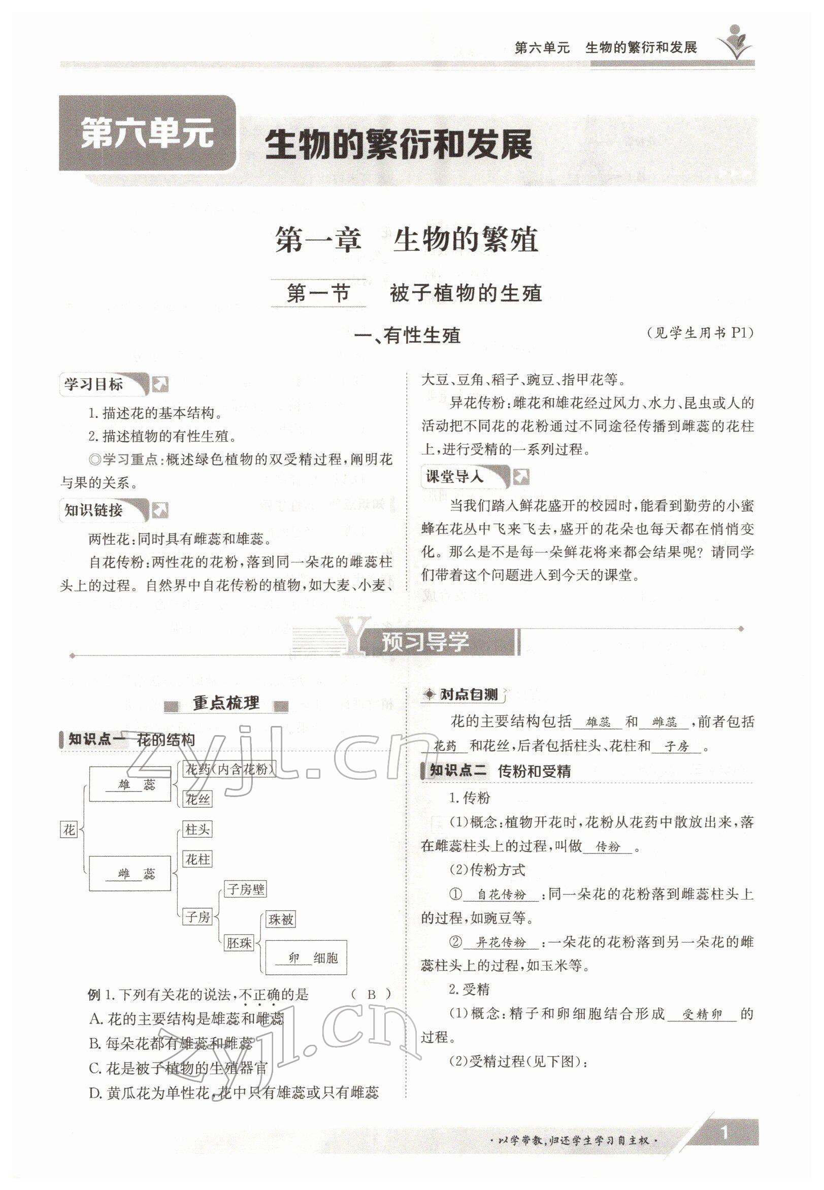 2022年金太阳导学测评八年级生物下册冀少版 参考答案第1页