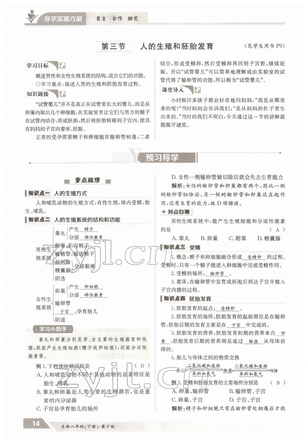 2022年金太陽導(dǎo)學(xué)測評八年級生物下冊冀少版 參考答案第14頁