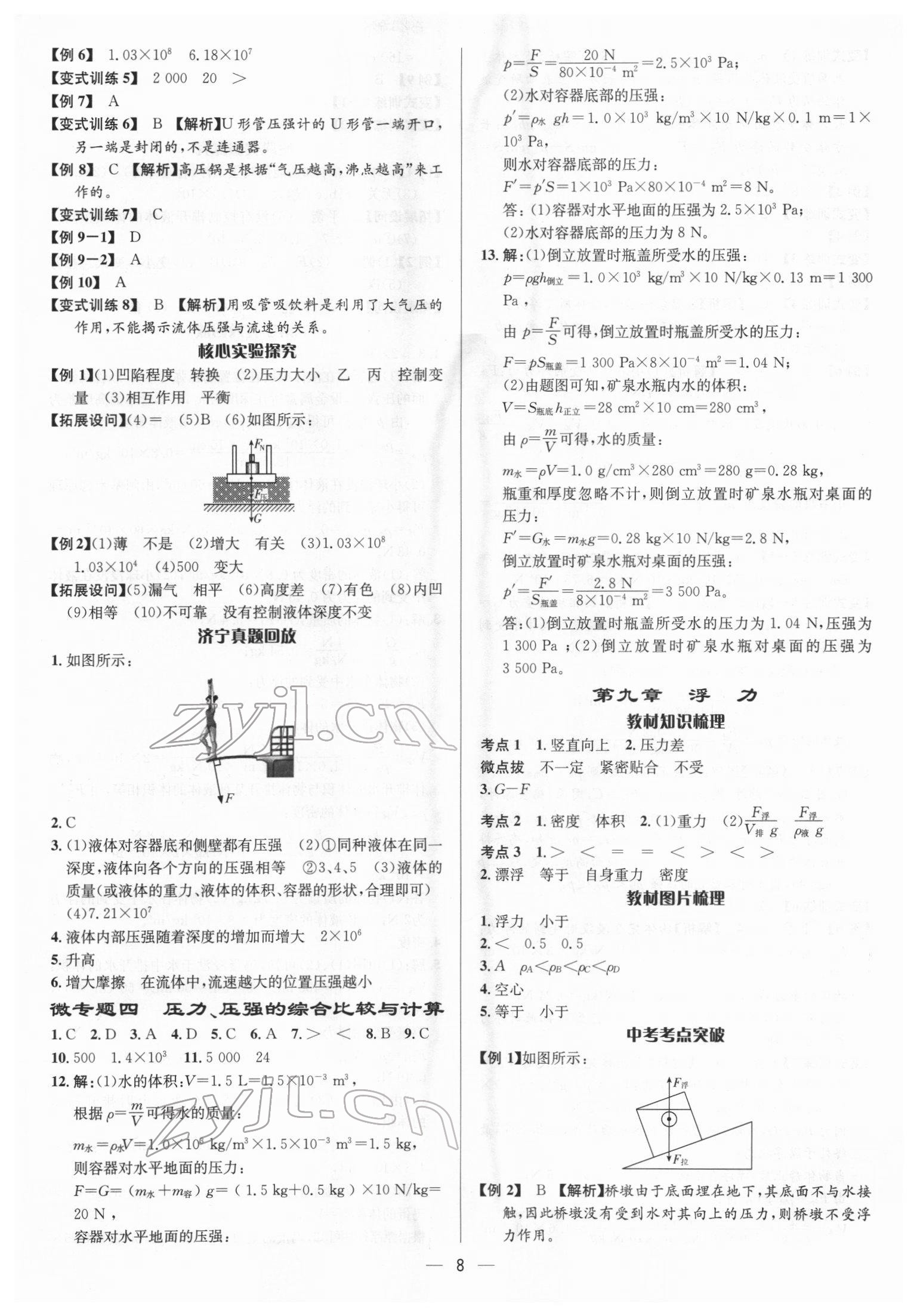 2022年中考对策物理济宁专版&nbsp;参考答案第8页