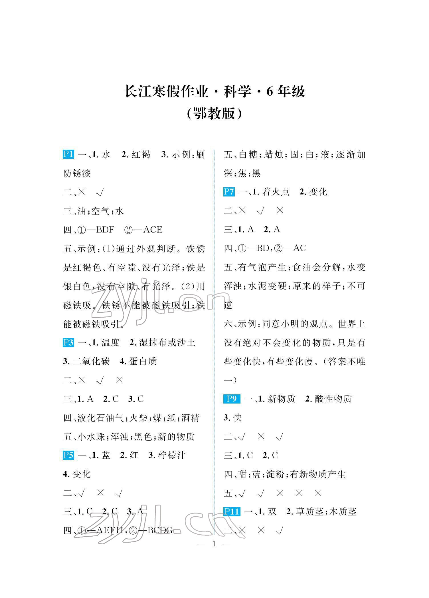 2022年长江寒假作业崇文书局六年级科学鄂教版 参考答案第1页