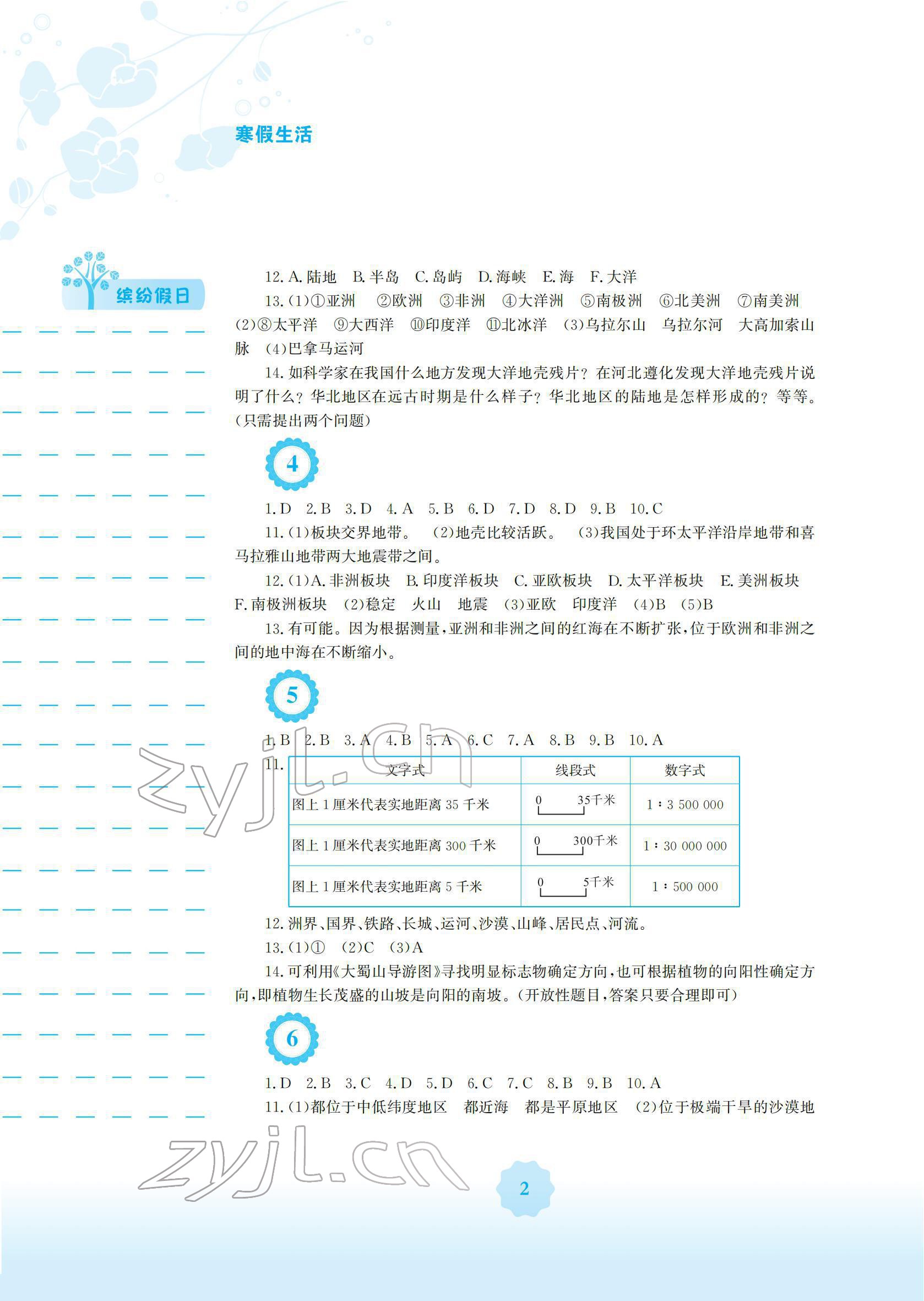 2022年寒假生活安徽教育出版社七年级地理人教版 参考答案第2页