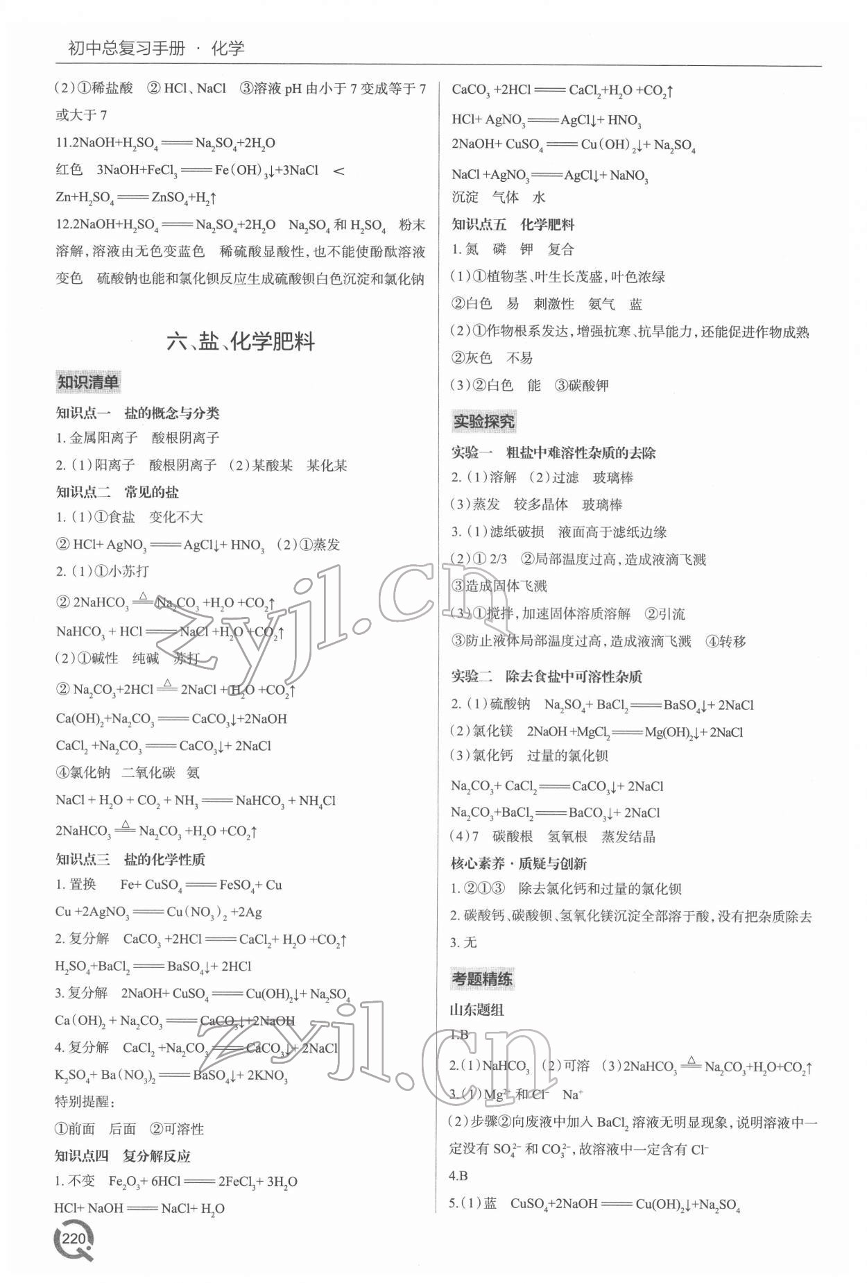 2022年初中總復習手冊青島出版社化學 參考答案第6頁