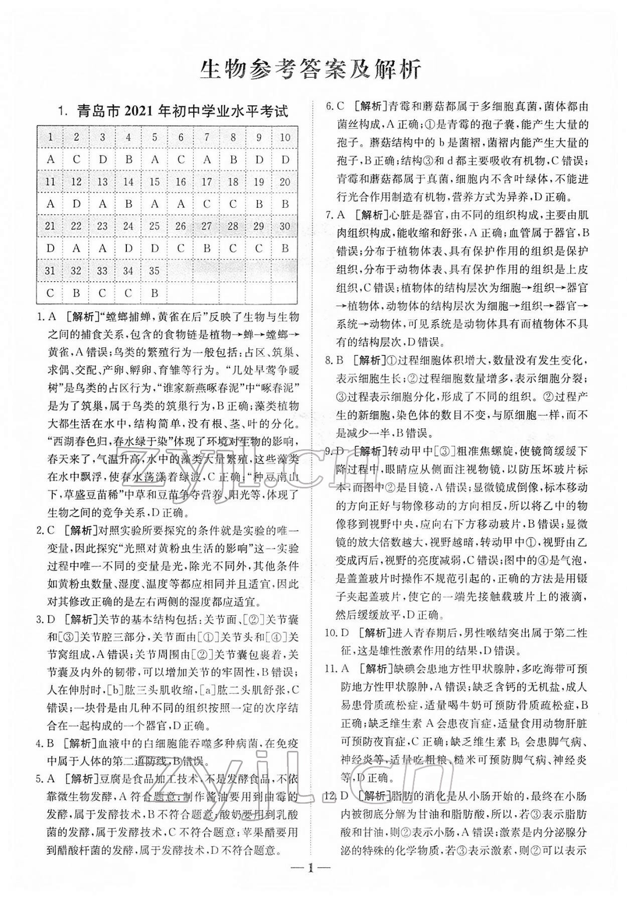 2022年中考試題匯編與解析生物山東專版 參考答案第1頁