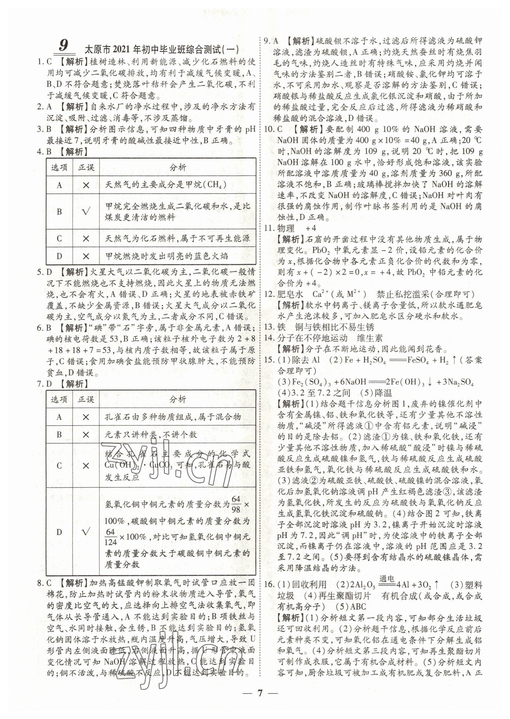 2022年中考试题荟萃及详解化学山西专版 参考答案第7页