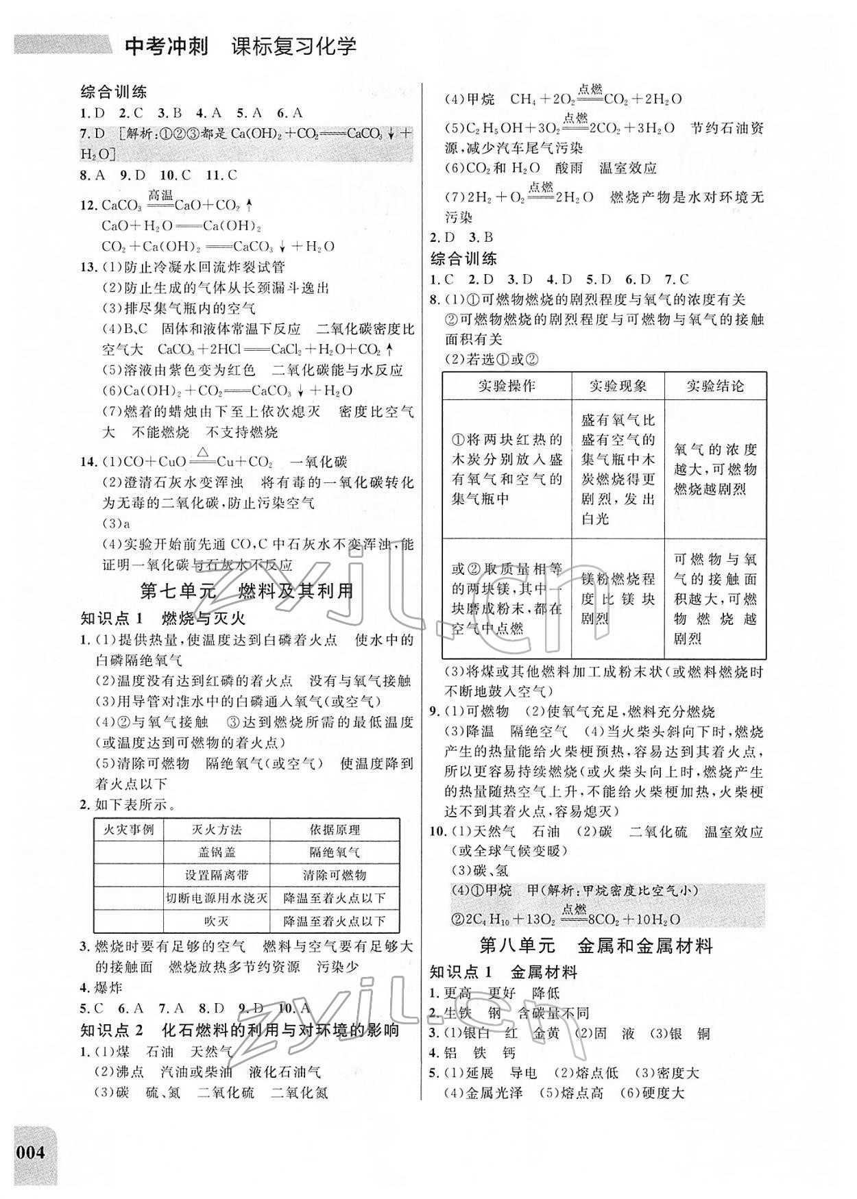 2022年大连中考冲刺课标复习化学 参考答案第4页