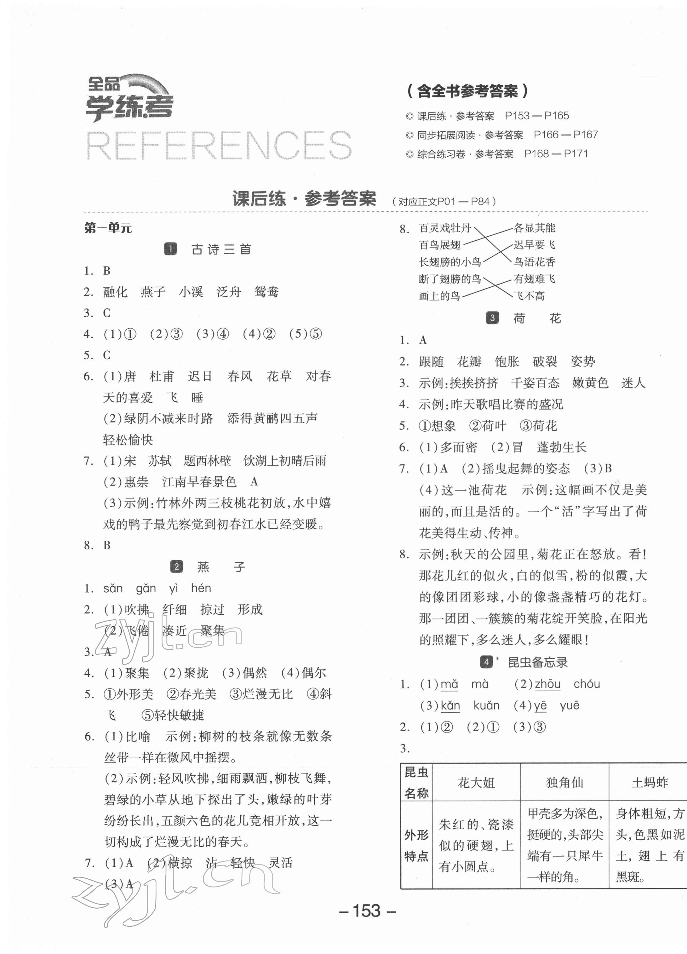 2022年全品學(xué)練考三年級(jí)語文下冊(cè)人教版江蘇專版 參考答案第1頁(yè)