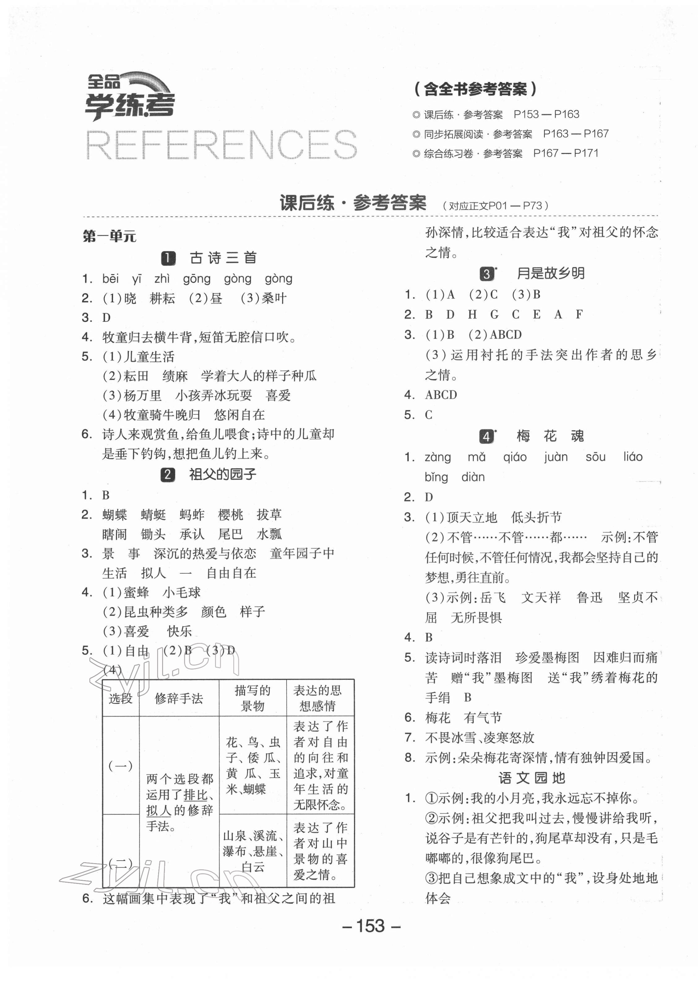 2022年全品学练考五年级语文下册人教版江苏专版 参考答案第1页