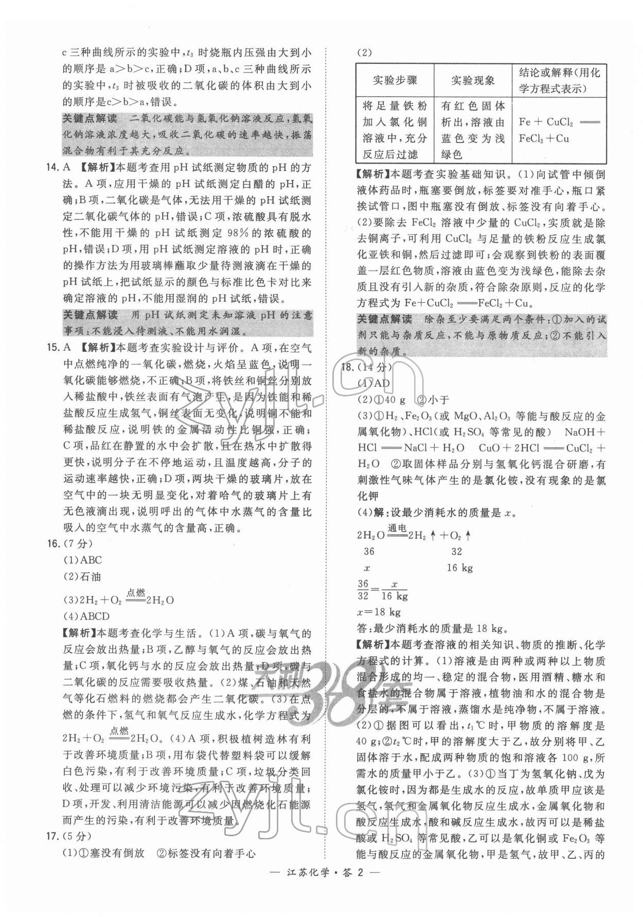 2022年天利38套中考试题精选化学江苏专版 参考答案第2页