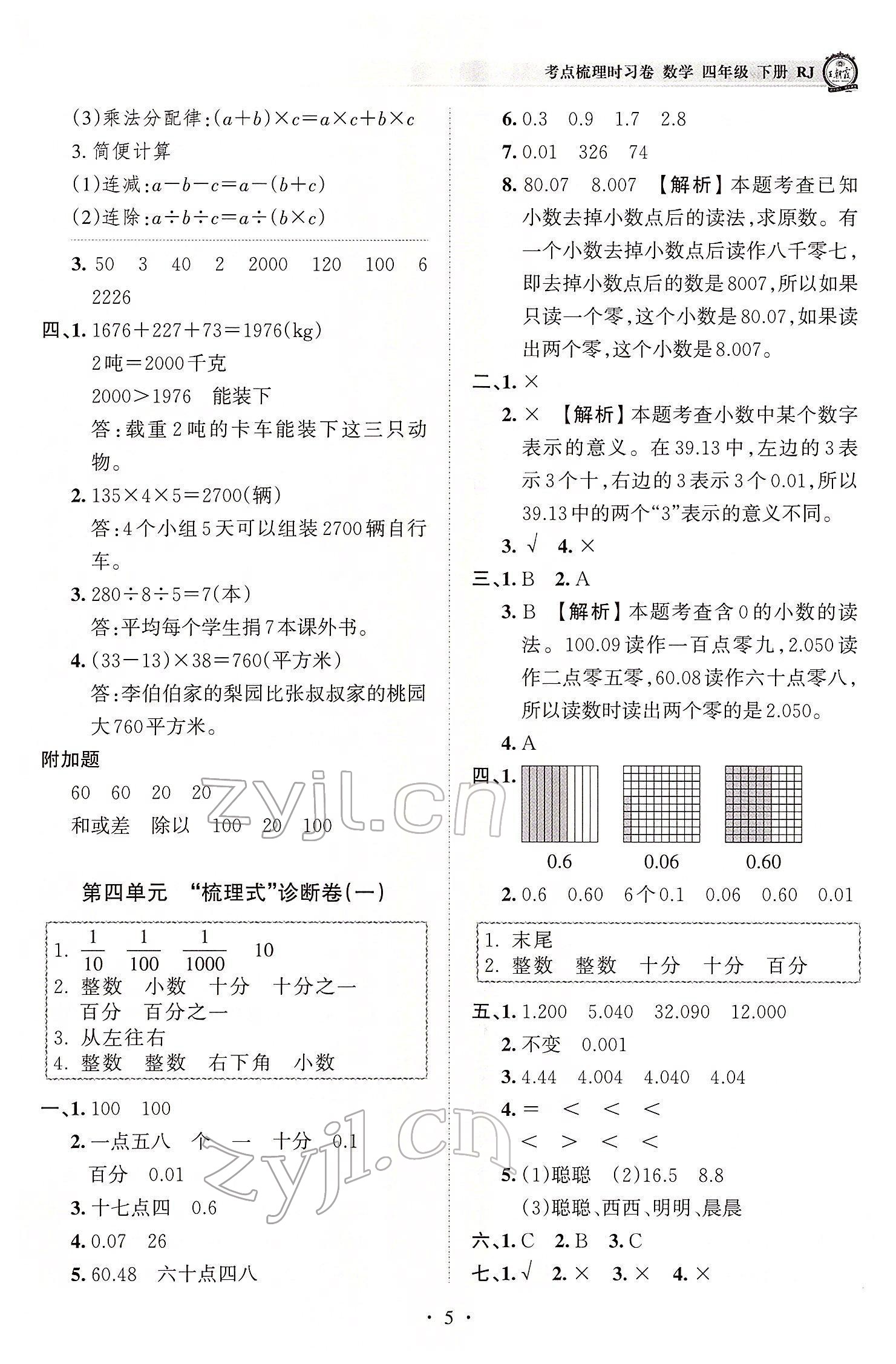 2022年王朝霞考点梳理时习卷四年级数学下册人教版 参考答案第5页