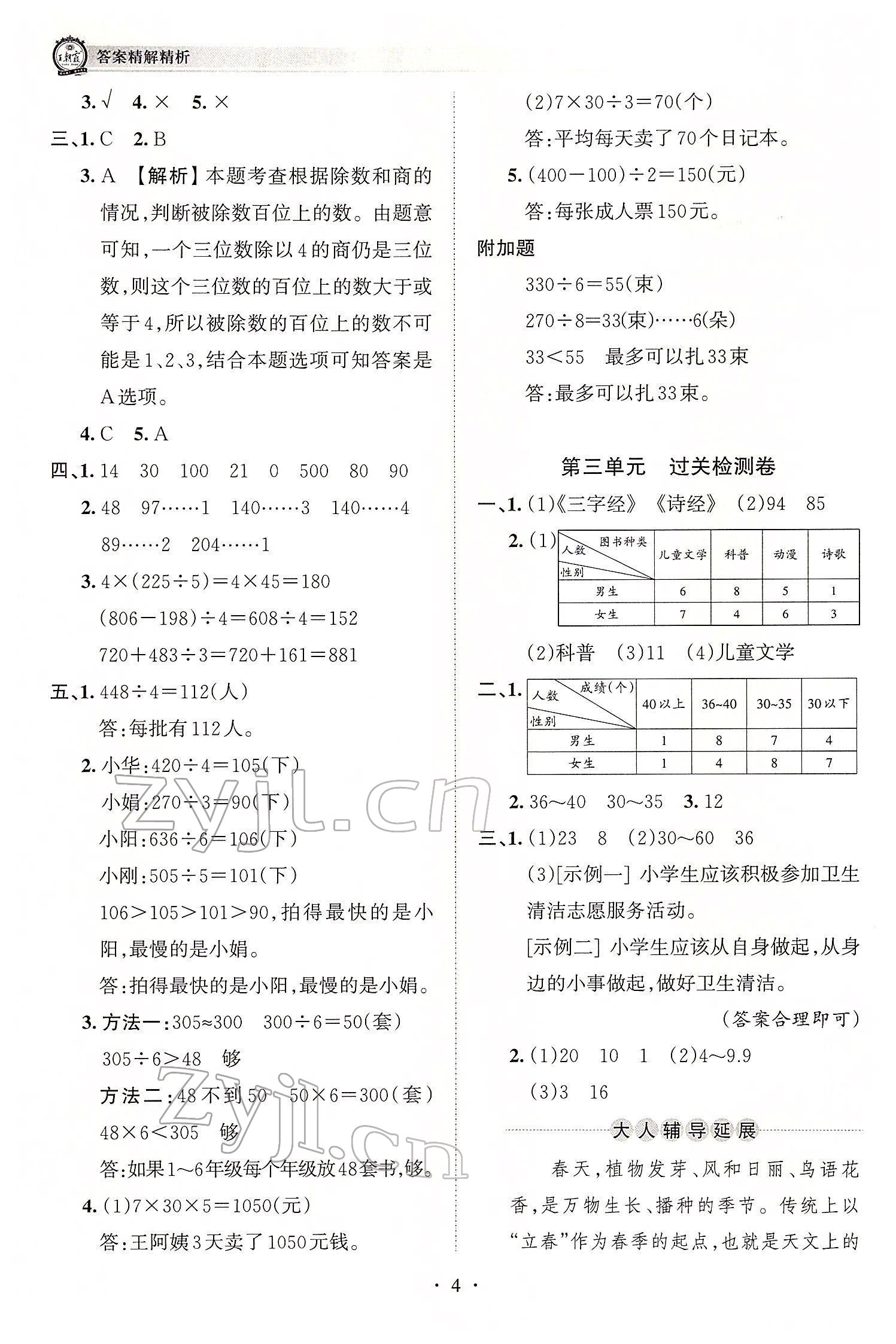 2022年王朝霞考点梳理时习卷三年级数学下册人教版 参考答案第4页