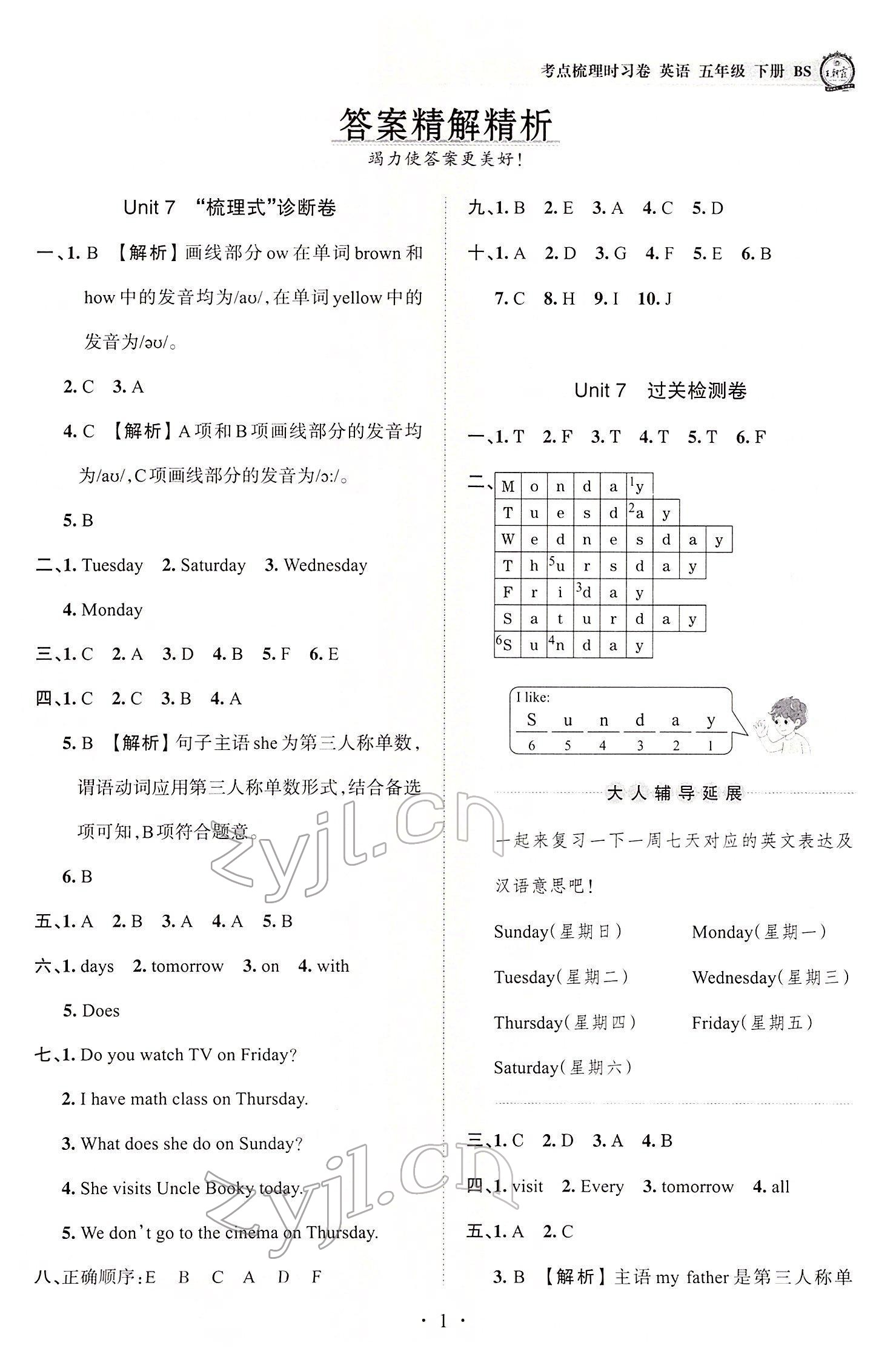 2022年王朝霞考點梳理時習(xí)卷五年級英語下冊北師大版 參考答案第1頁