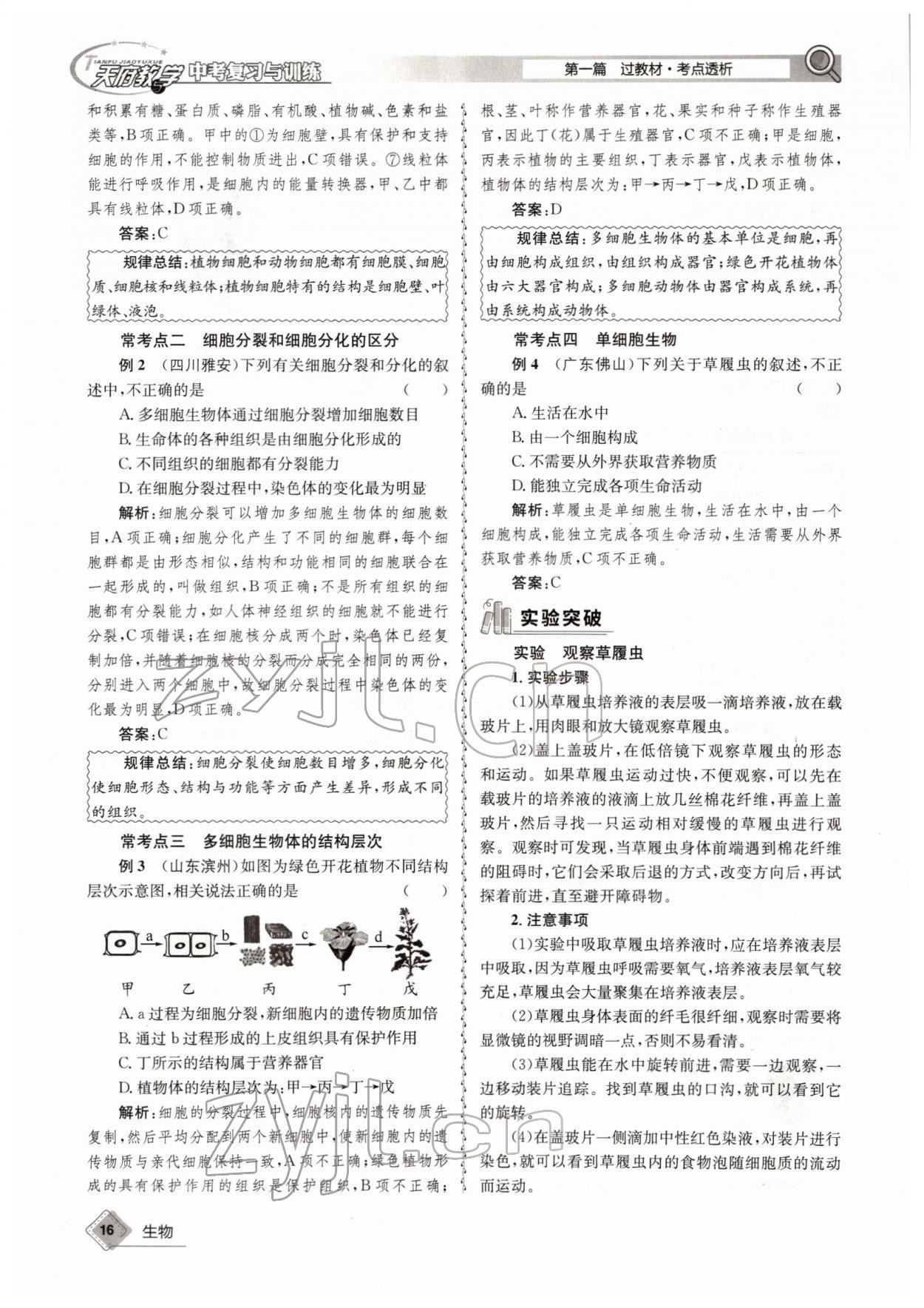 2022年天府教与学中考复习与训练生物四川专版 参考答案第16页