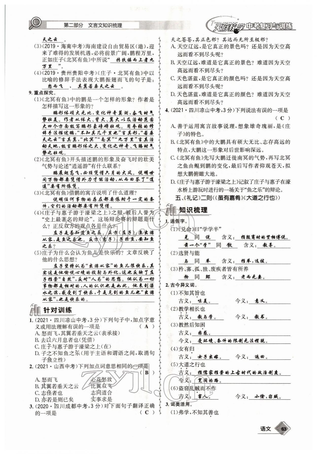 2022年天府教與學(xué)中考復(fù)習(xí)與訓(xùn)練語(yǔ)文四川專版 參考答案第62頁(yè)