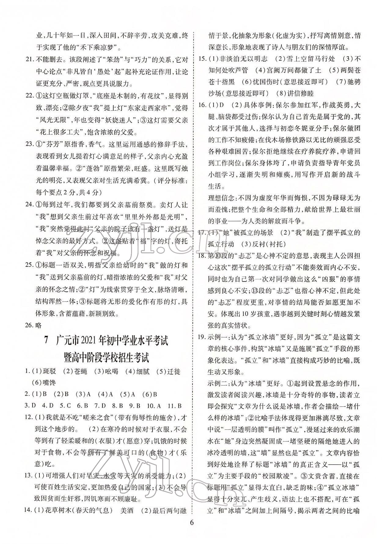 2022年中考金卷中考試題精編語文成都專版 參考答案第6頁