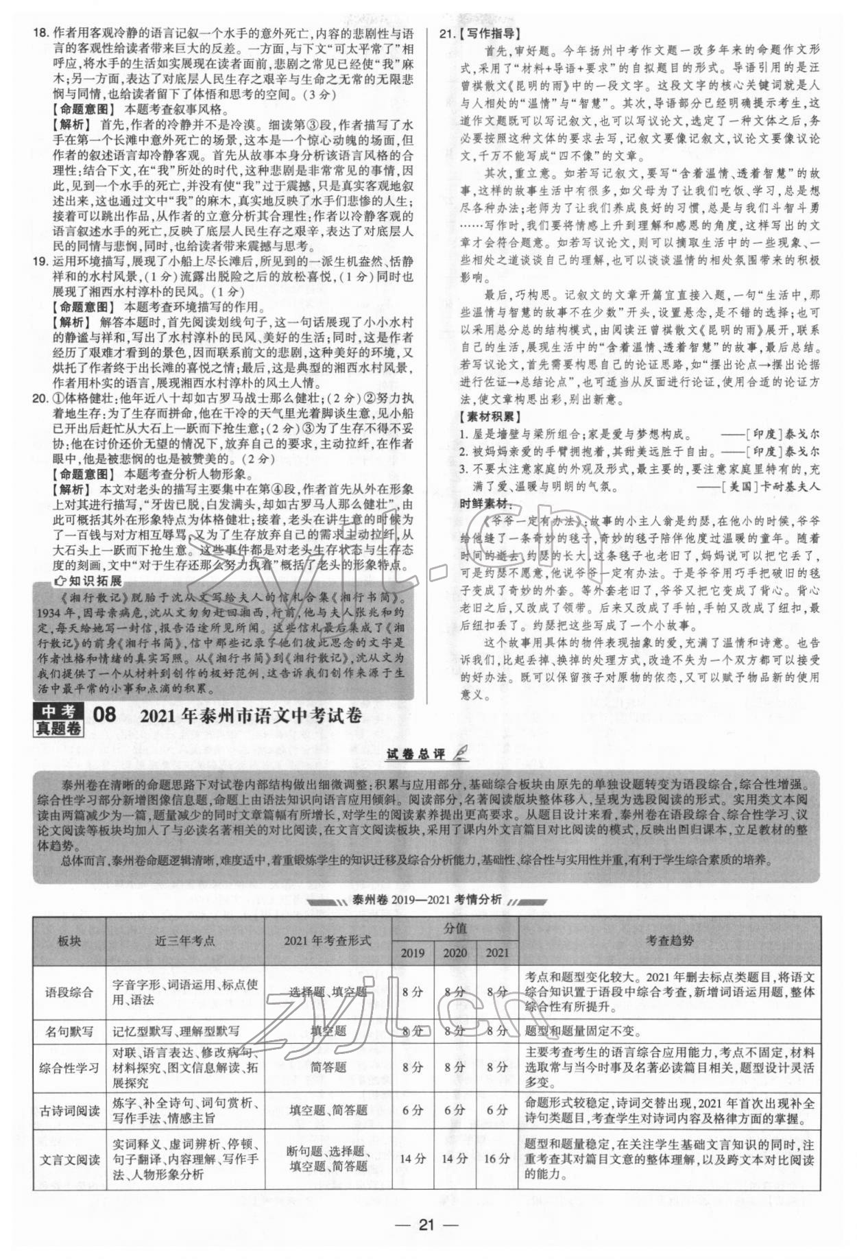 2022年學霸中考試卷匯編38套語文 參考答案第21頁