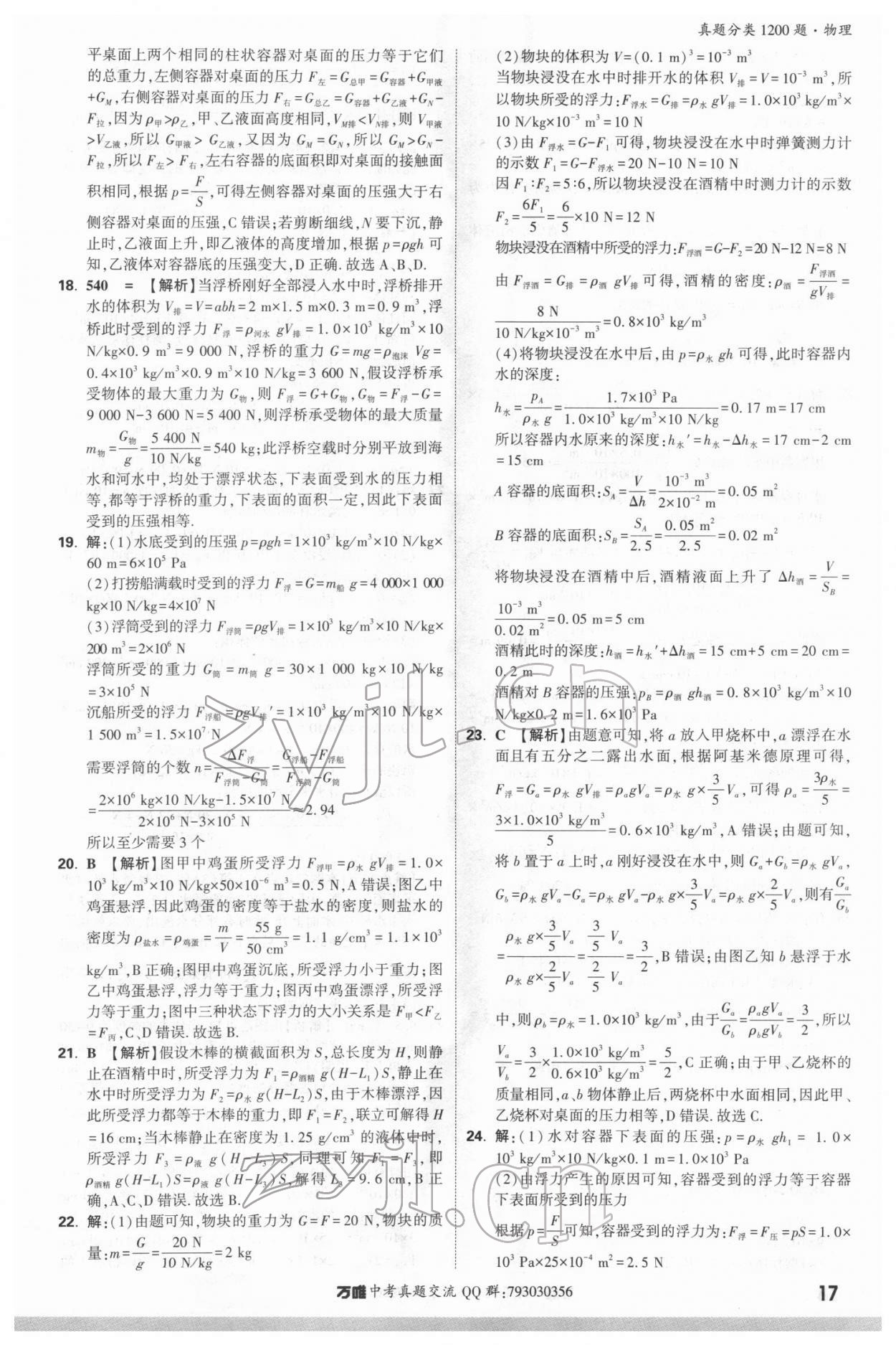 2022年萬唯中考真題分類物理&nbsp;參考答案第16頁