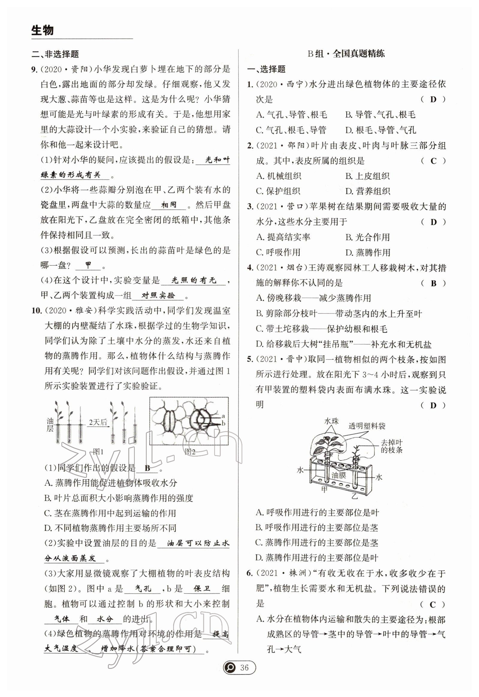 2022年试题突破中考全接触生物四川专版&nbsp;参考答案第36页