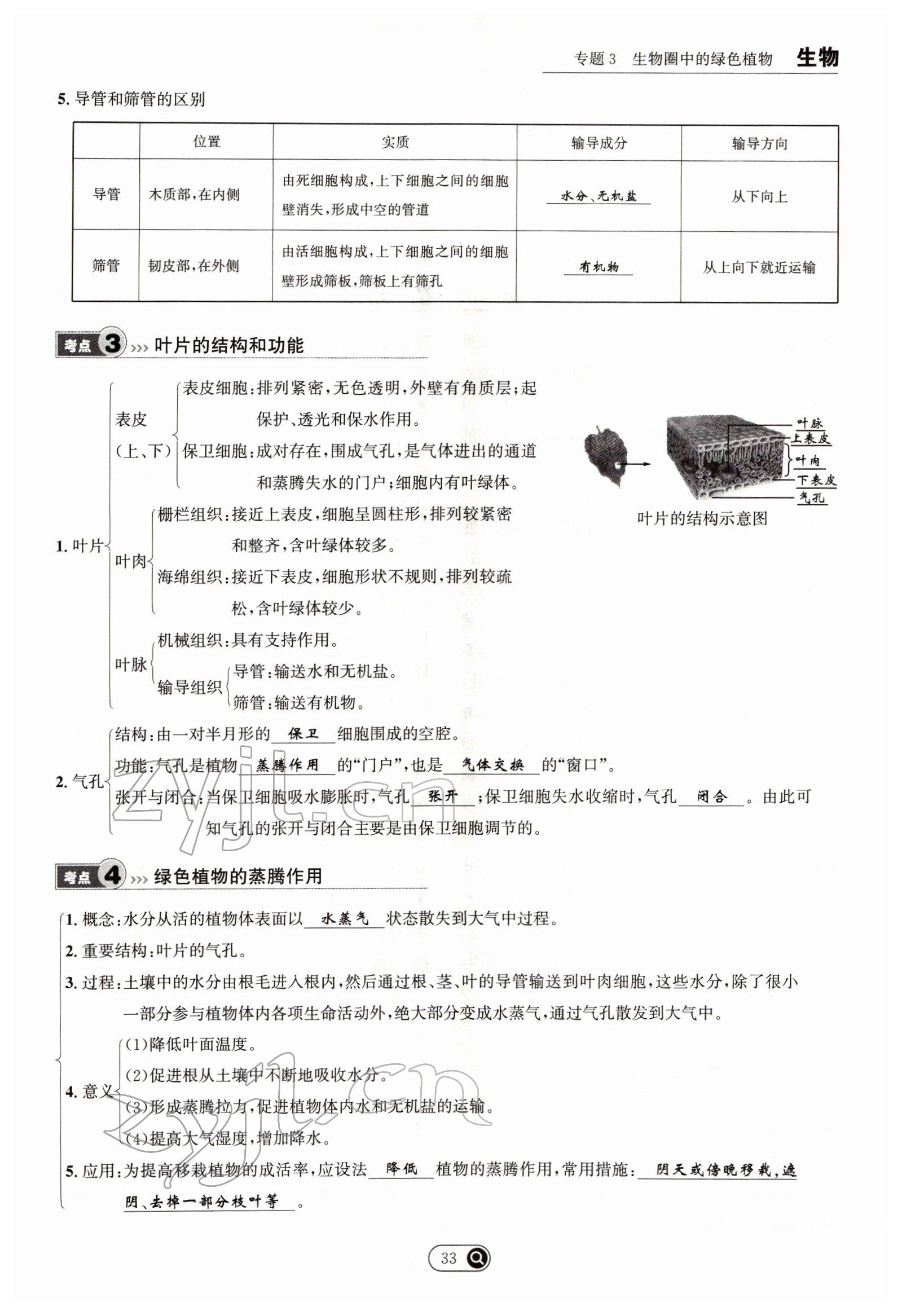 2022年试题突破中考全接触生物四川专版&nbsp;参考答案第33页
