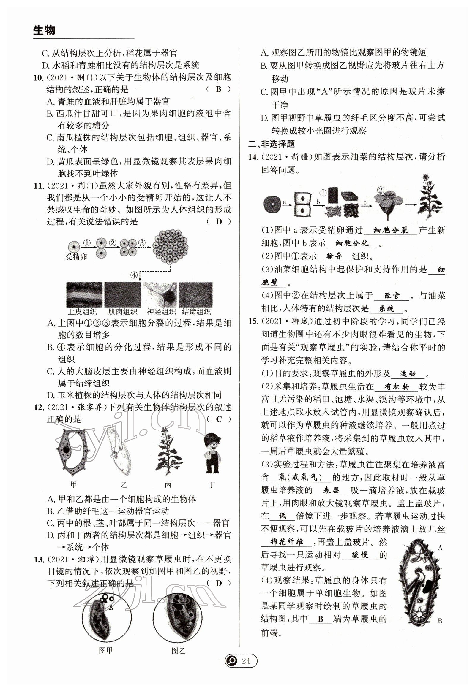 2022年试题突破中考全接触生物四川专版&nbsp;参考答案第24页